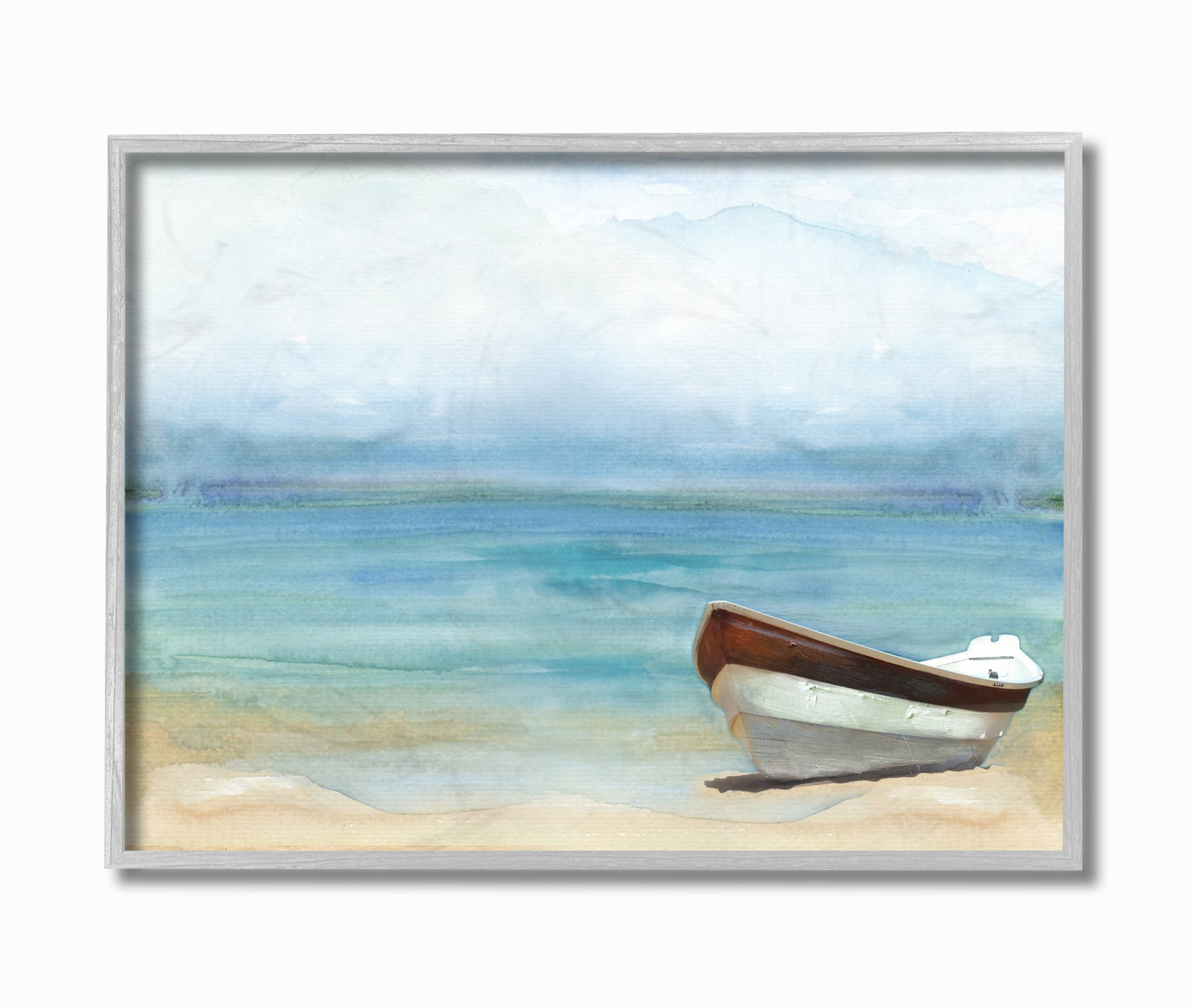 Stupell Industries Lake Boat Landscape Blue Green Watercolor Painting Framed Wall Art by Main Line Studio