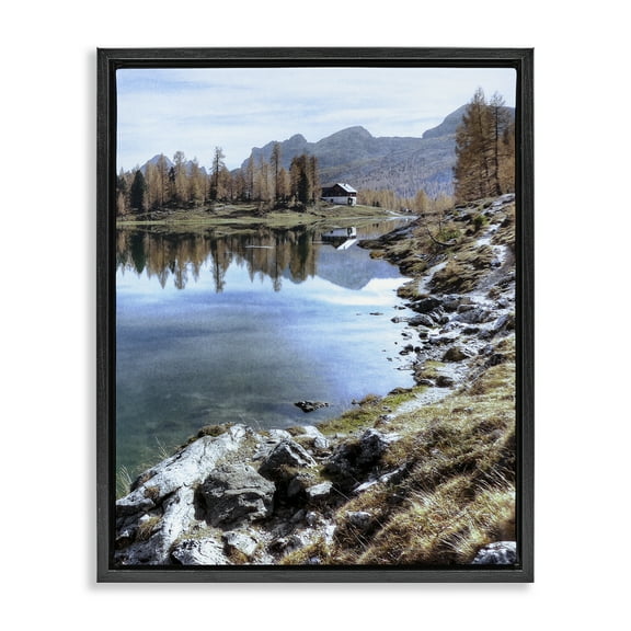 Stupell Industries Lake Cabin Forest Landscape Black Framed Floater Canvas Wall Art design by Marcus Prime, 21 x 17