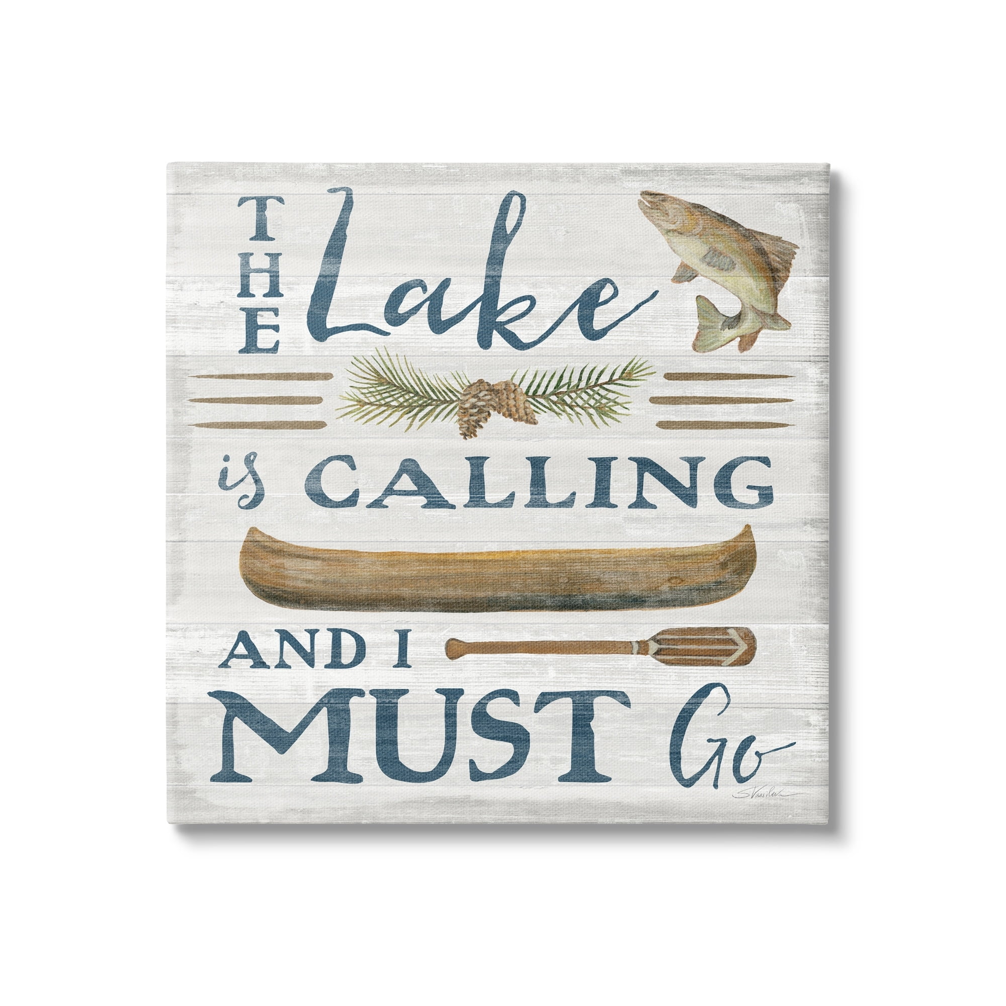 Stupell Industries Lake Is Calling Quote Pinecone Botanical Rustic Canoe Graphic Art Gallery-Wrapped Canvas Print Wall Art, 17x17, by Silvia Vassileva