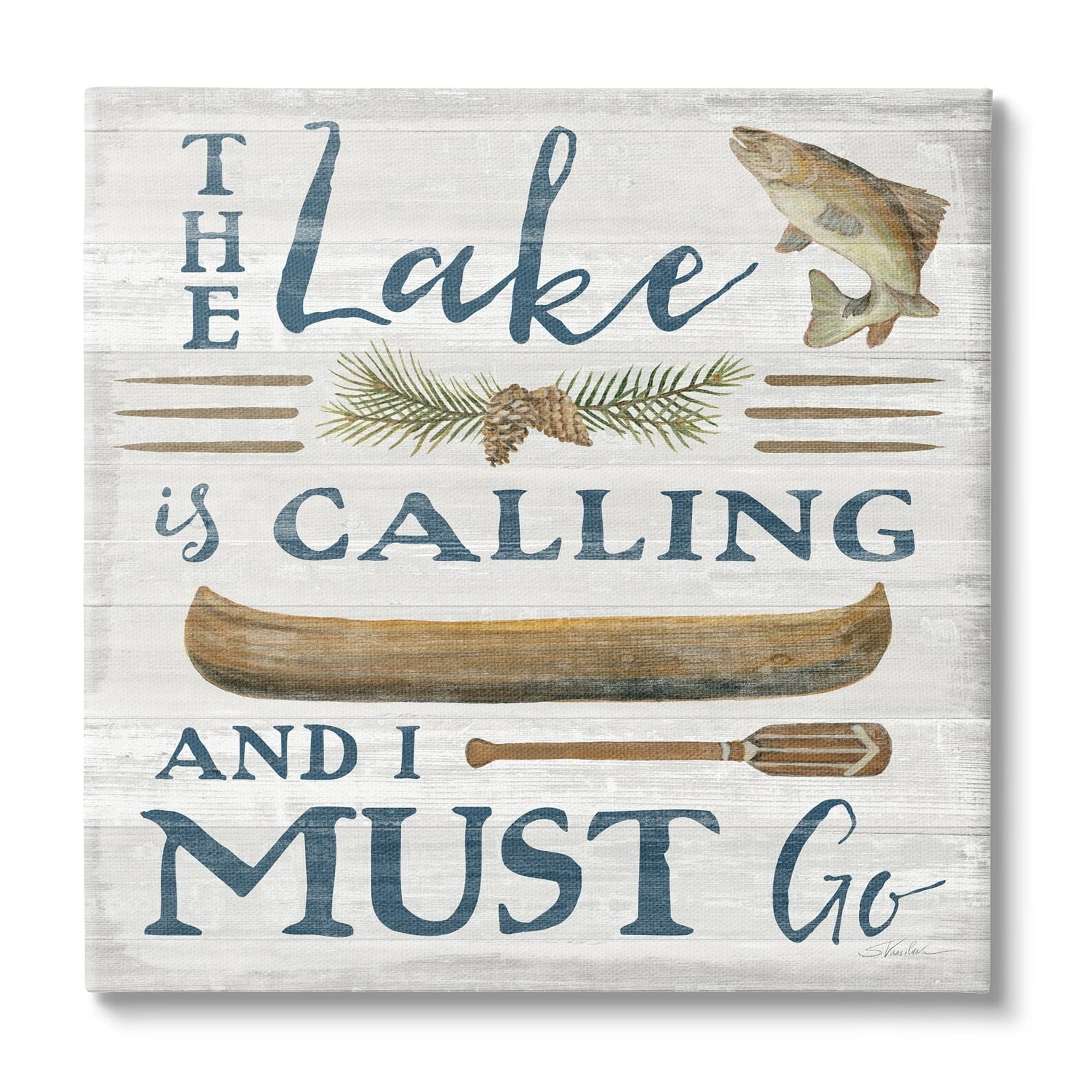 Stupell Industries Lake Is Calling Quote Pinecone Botanical Rustic Canoe Graphic Art Gallery-Wrapped Canvas Print Wall Art, 24x24, by Silvia Vassileva