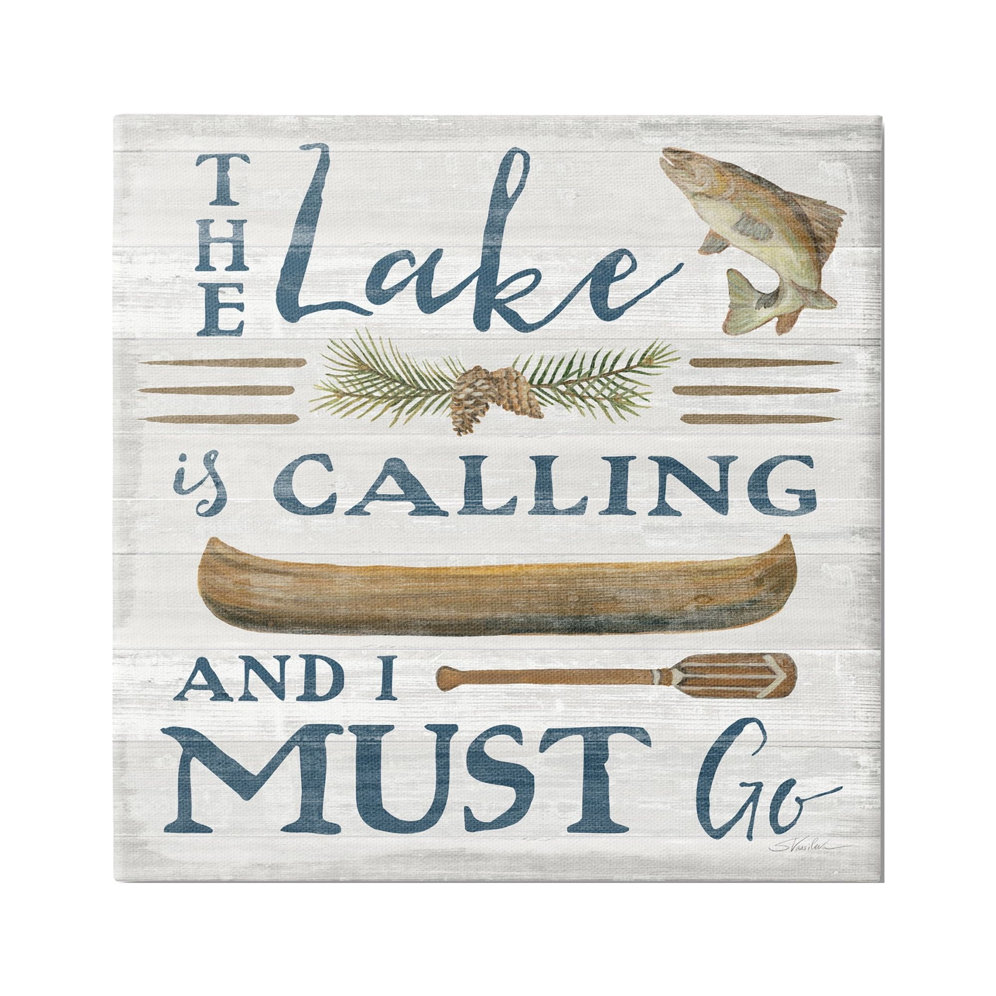 Stupell Industries Lake Is Calling Quote Pinecone Botanical Rustic Canoe Graphic Art Gallery-Wrapped Canvas Print Wall Art, 30x30, by Silvia Vassileva