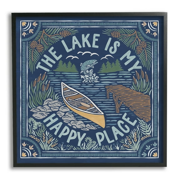 Stupell Industries Lake Happy Place Phrase Nature Painting Black Framed Art Print Wall Art, 12 x 12