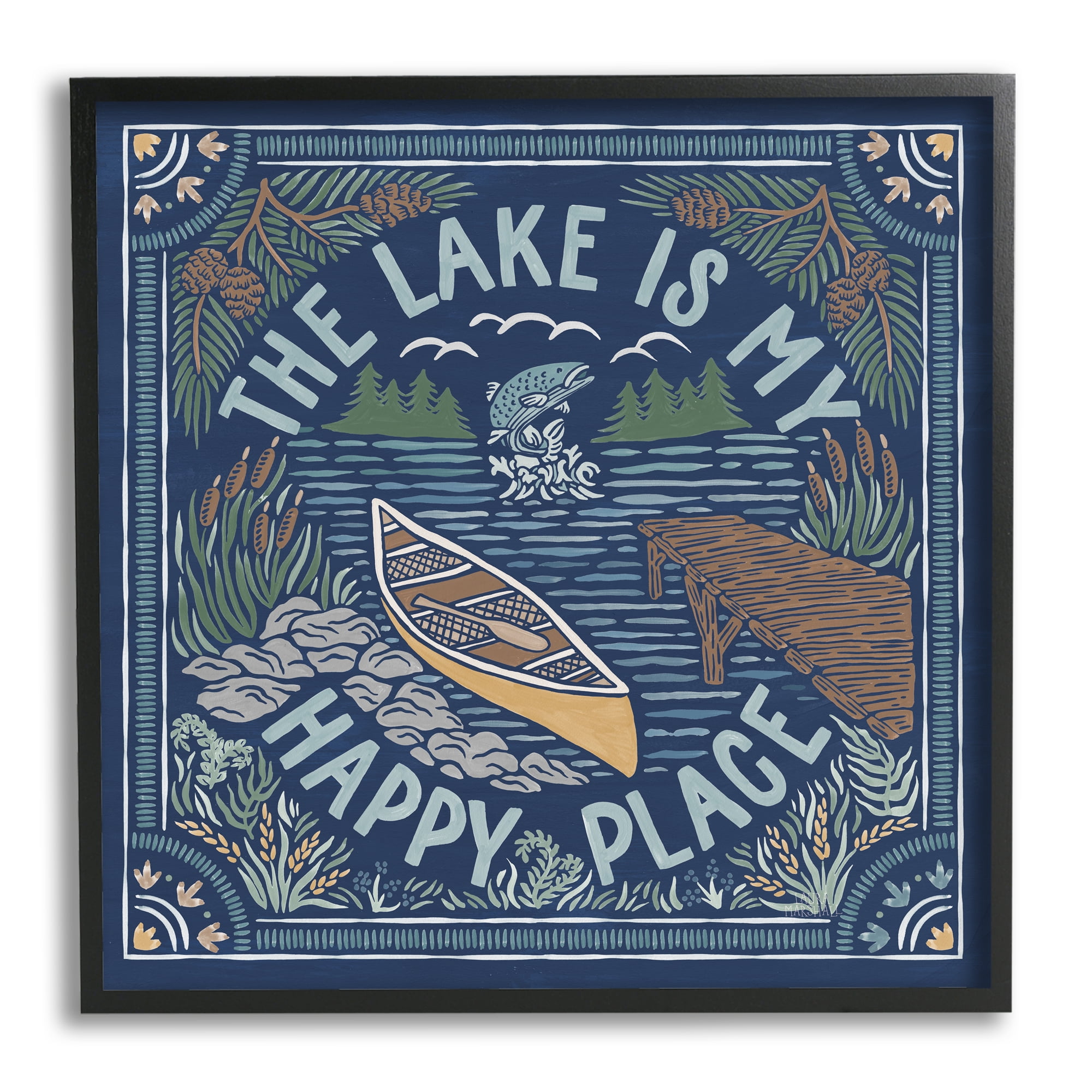 Stupell Industries Lake Happy Place Phrase Nature Painting Black Framed Art Print Wall Art, 24 x 24