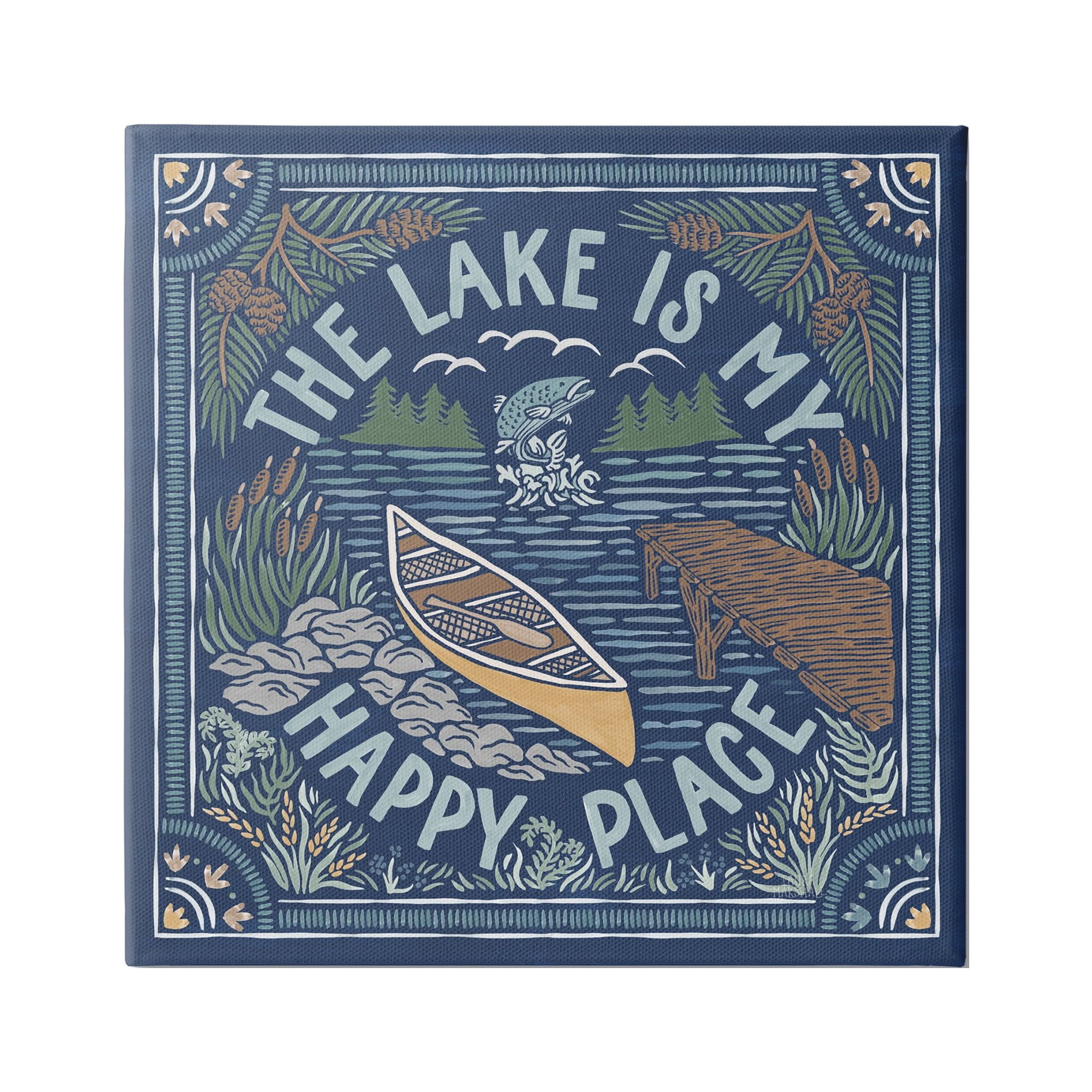 Stupell Industries Lake Happy Place Phrase Nature Painting Gallery Wrapped Canvas Print Wall Art, 36 x 36