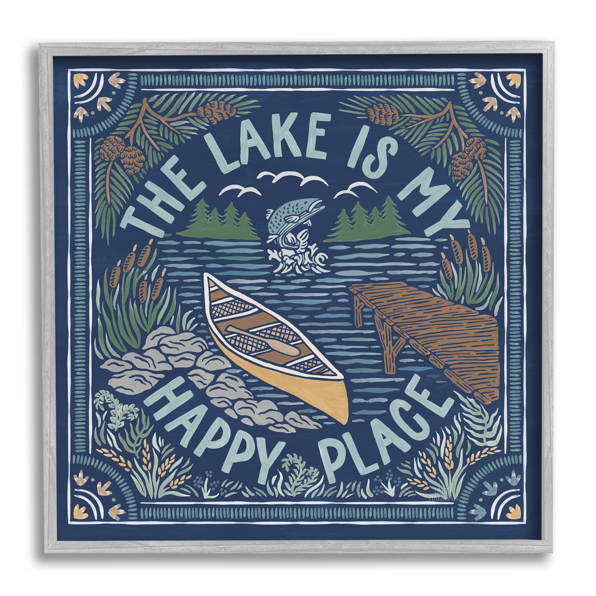 Stupell Industries Lake Happy Place Phrase Nature Painting Gray Framed Art Print Wall Art, 17 x 17