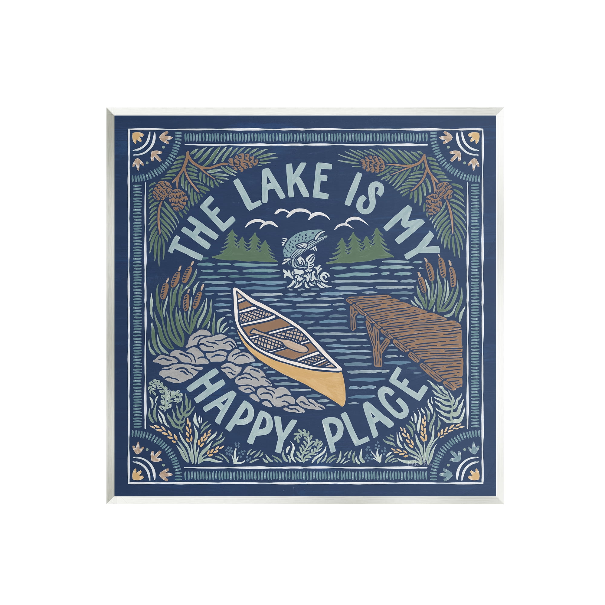 Stupell Industries Lake Happy Place Phrase Nature Painting Unframed Art Print Wall Art, 12 x 12