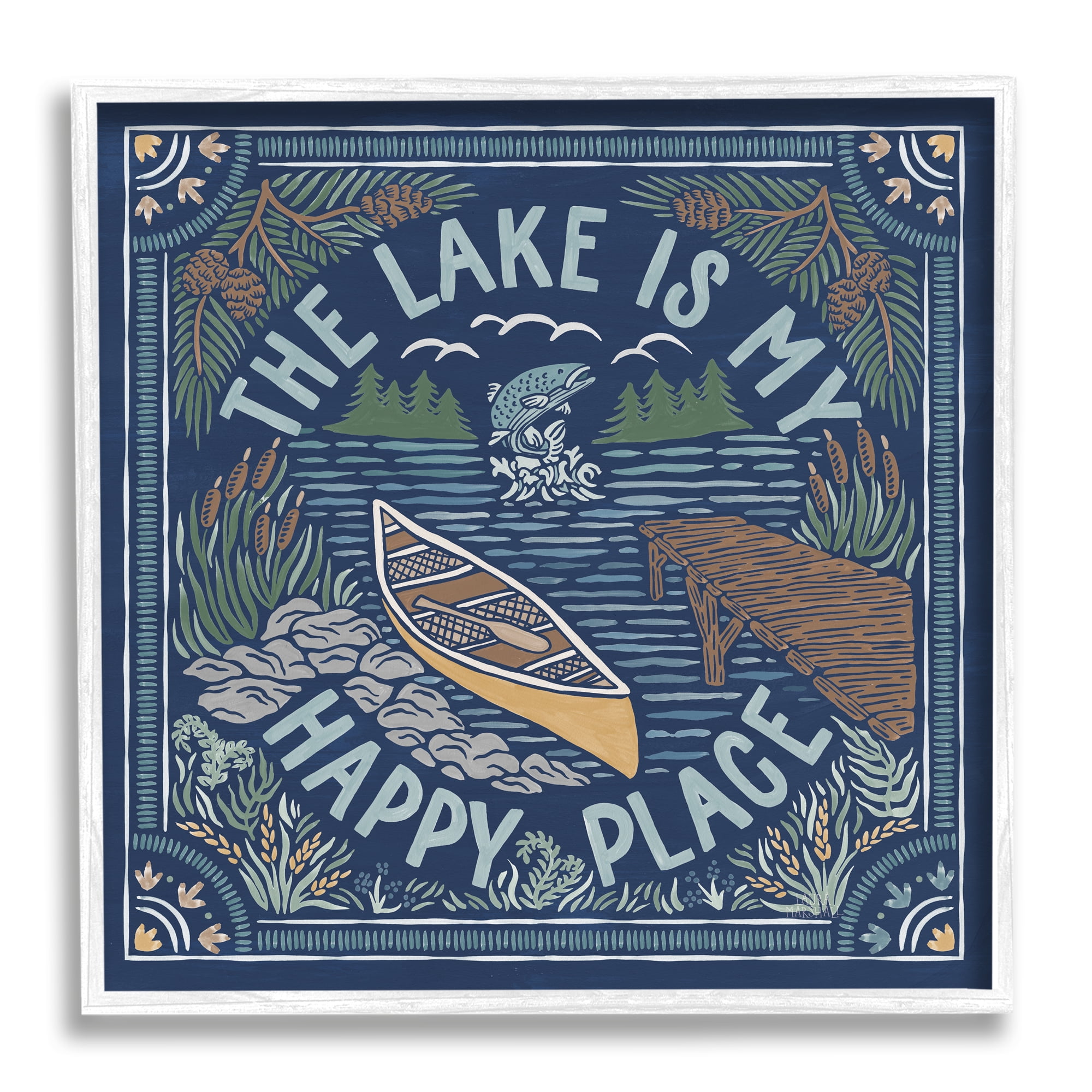 Stupell Industries Lake Happy Place Phrase Nature Painting White Framed Art Print Wall Art, 12 x 12