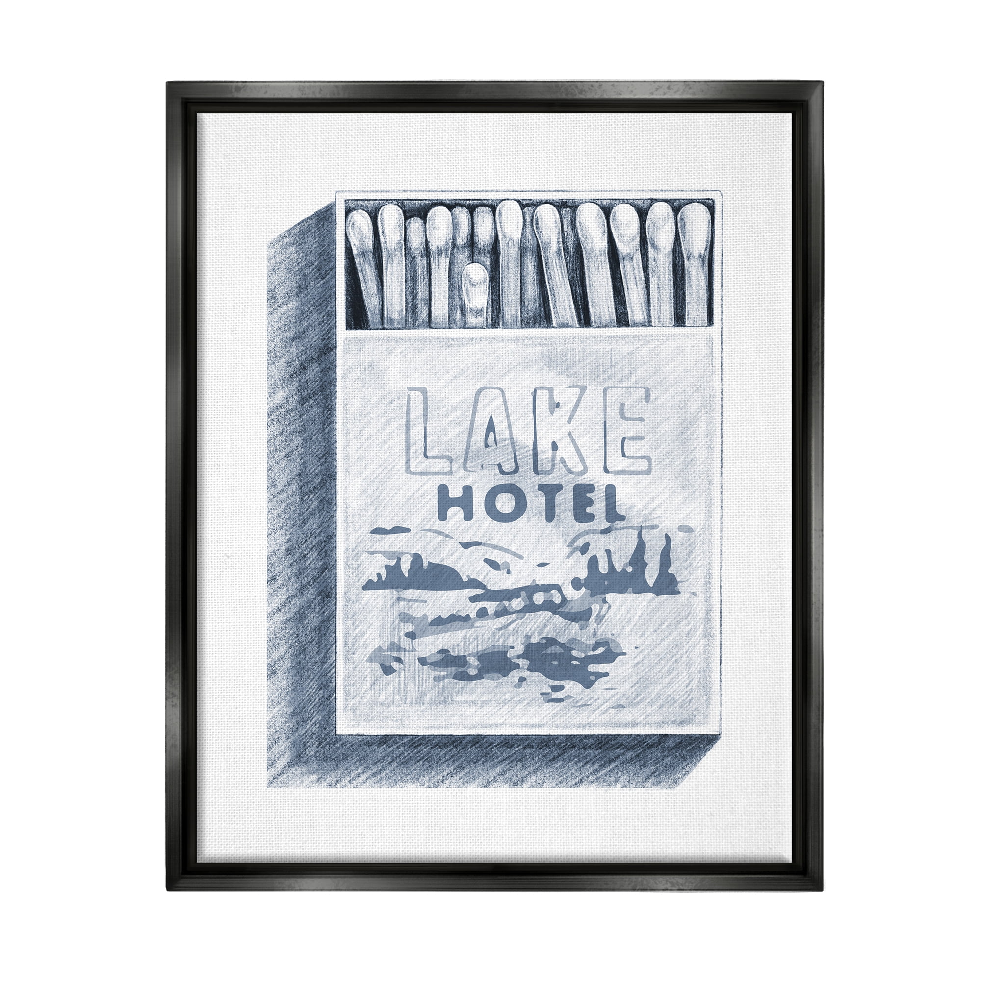 Stupell Industries Lake Hotel Matchbook Drawing Landscape Painting Black Floater Framed Art Print Wall Art