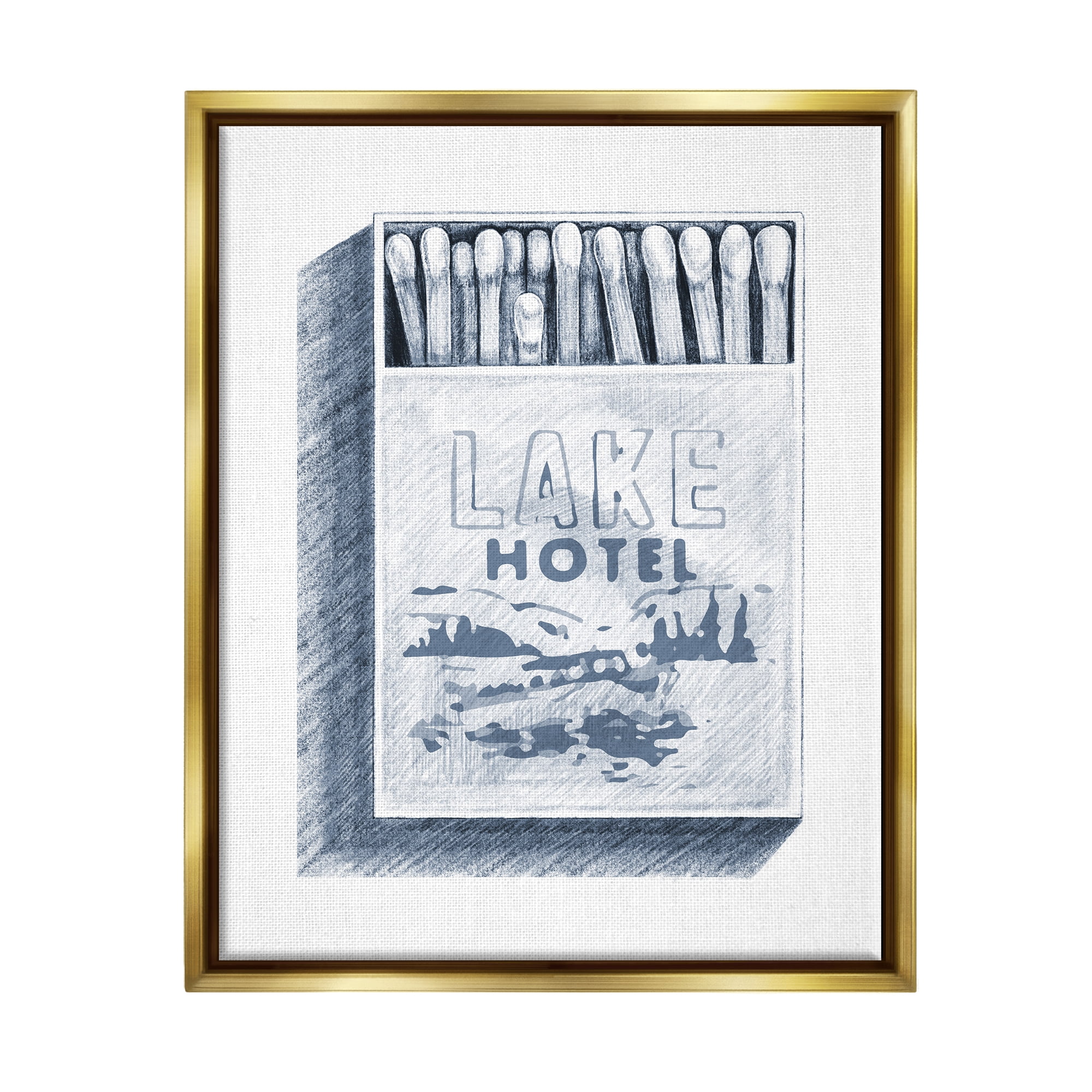 Stupell Industries Lake Hotel Matchbook Drawing Landscape Painting Gold Floater Framed Art Print Wall Art