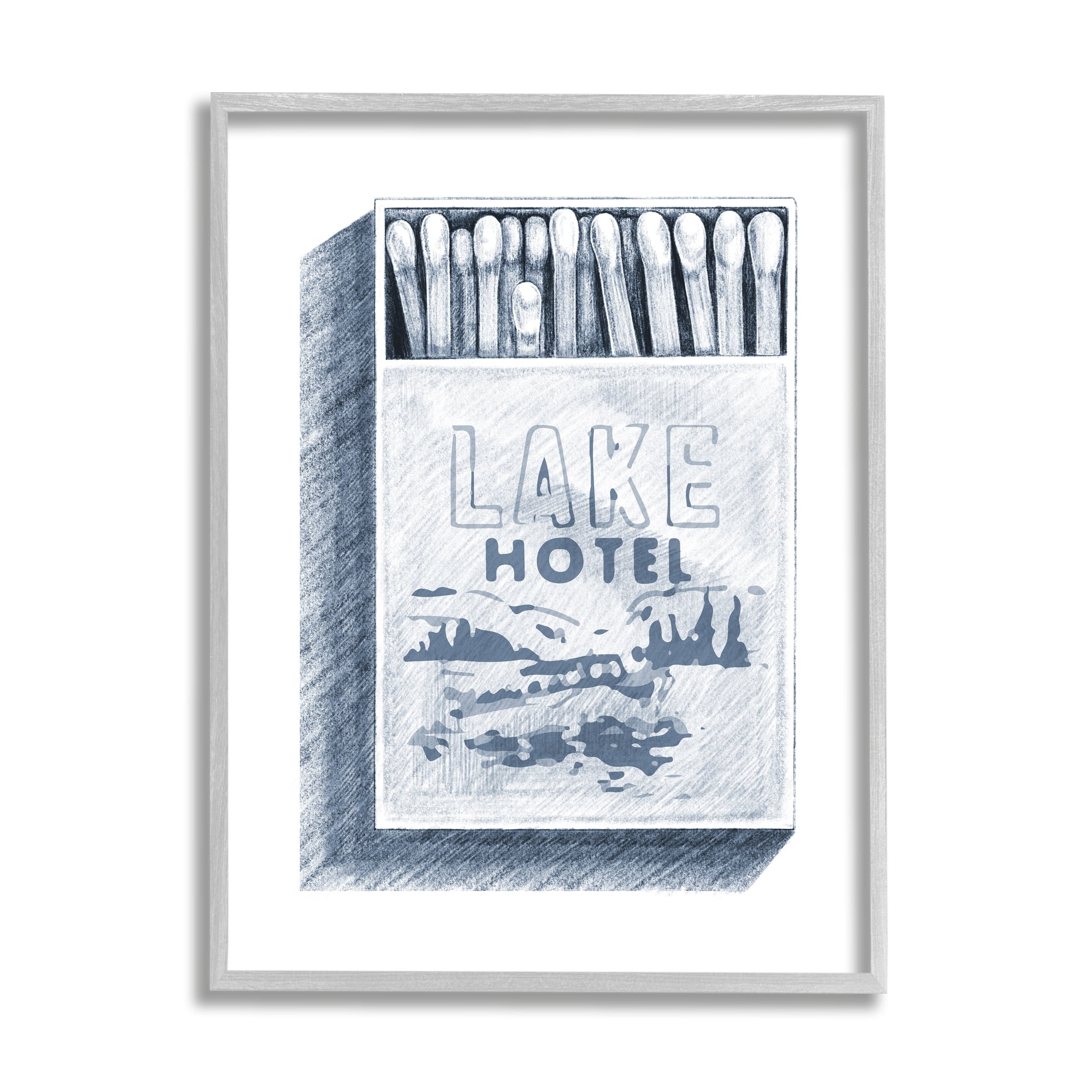 Stupell Industries Lake Hotel Matchbook Drawing Landscape Painting Gray Framed Art Print Wall Art