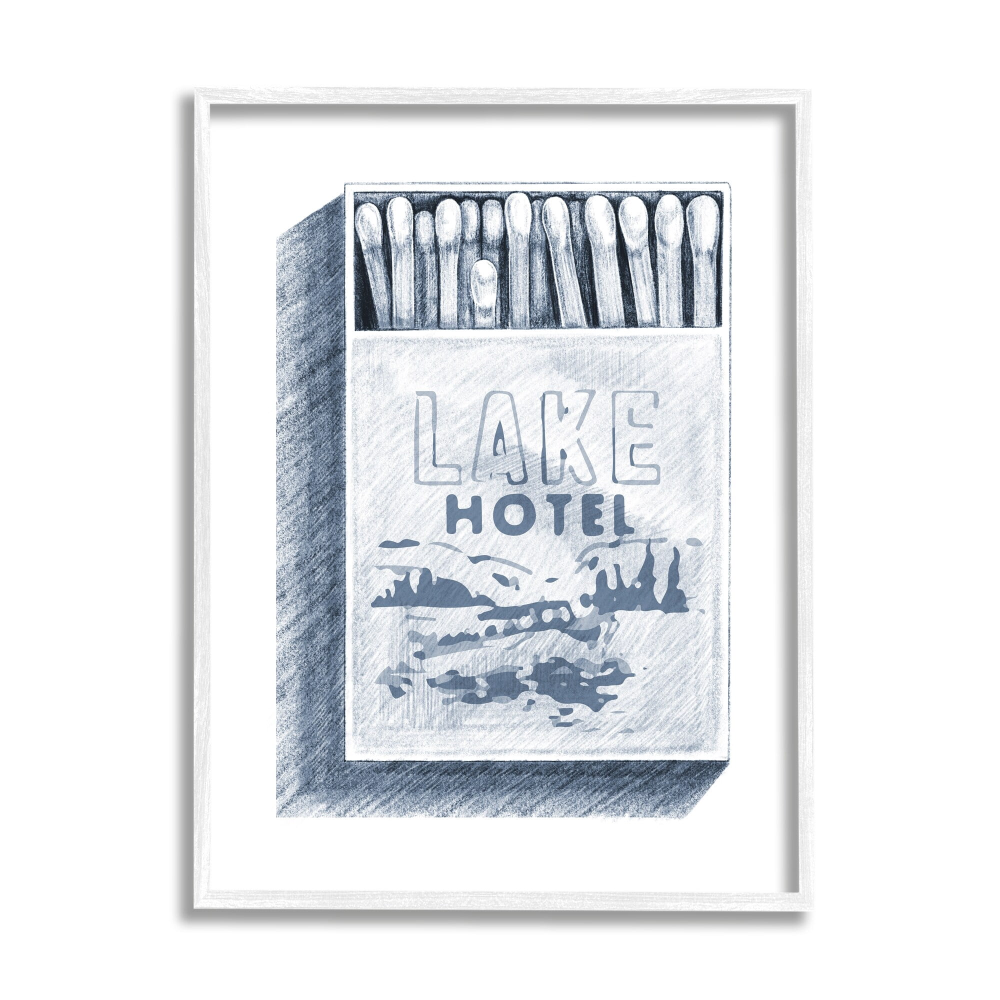 Stupell Industries Lake Hotel Matchbook Drawing Landscape Painting White Framed Art Print Wall Art