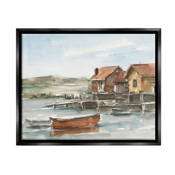 Stupell Industries Lake House Boats Landscape Painting Black Floater Framed Canvas Art Print Wall Art, 21 x 17