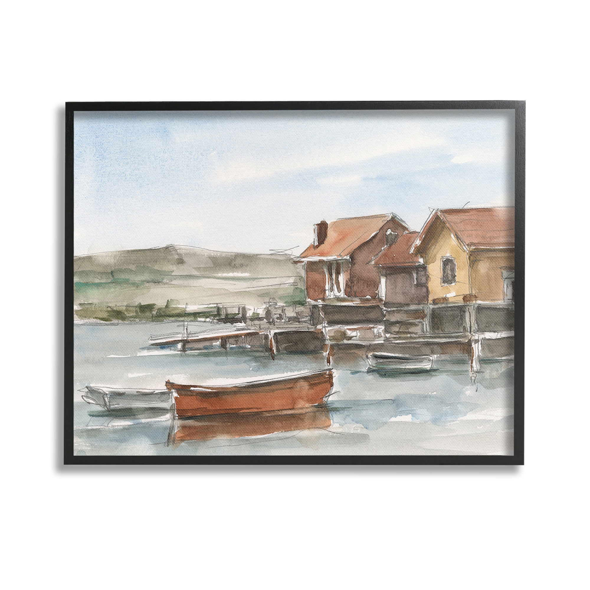 Stupell Industries Lake House Boats Landscape Painting Black Framed Art Print Wall Art, 14 x 11