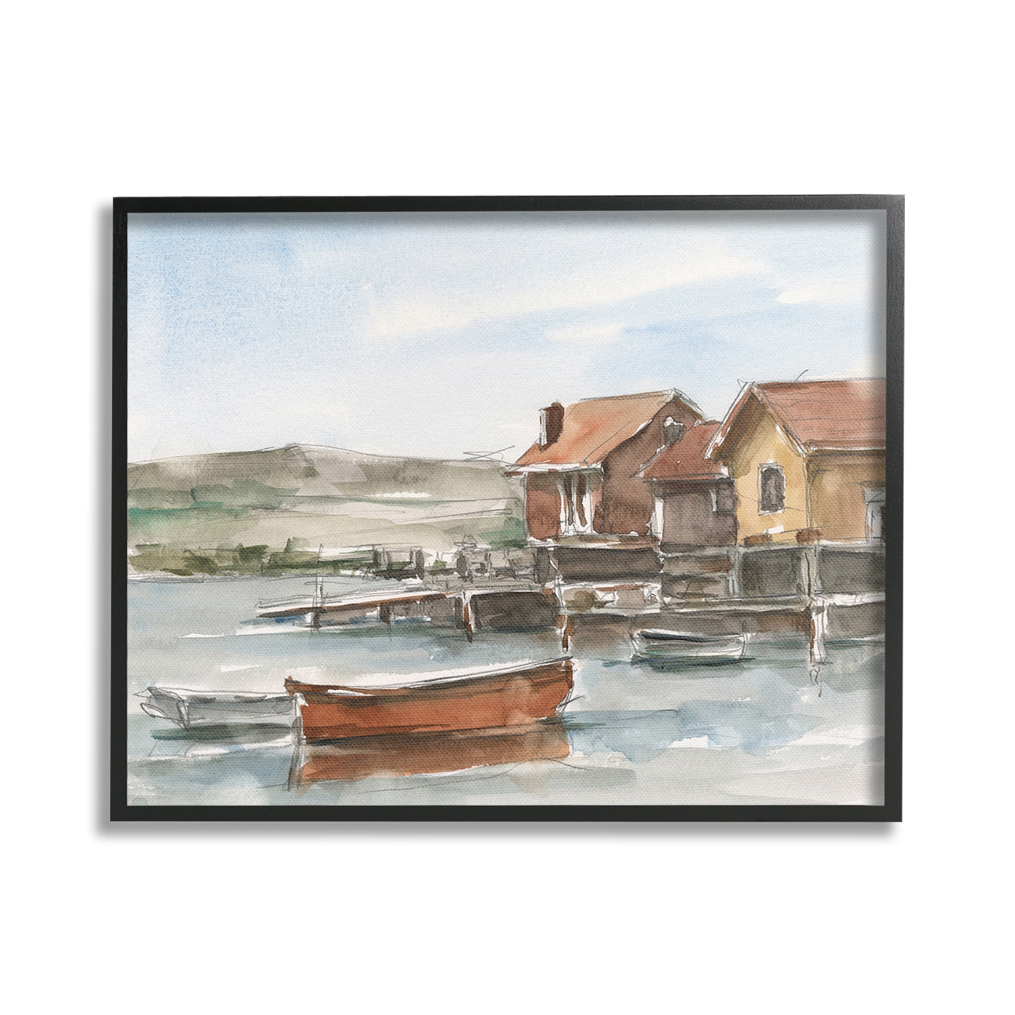 Stupell Industries Lake House Boats Landscape Painting Black Framed Art Print Wall Art, 20 x 16