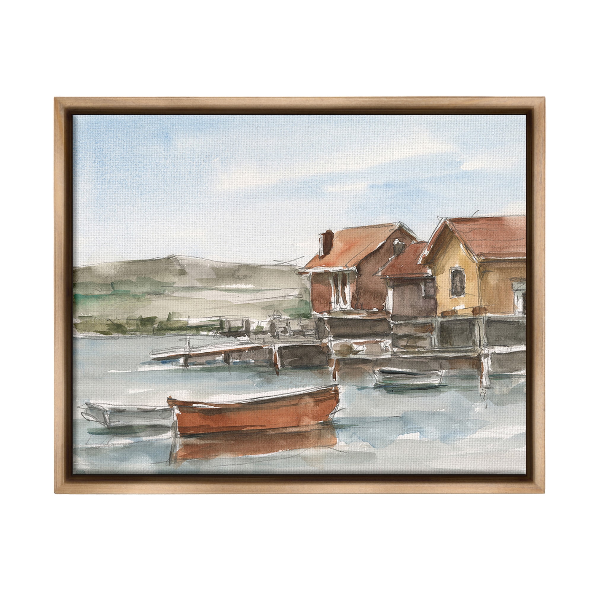 Stupell Industries Lake House Boats Landscape Painting Brown Floater Framed Canvas Art Print Wall Art, 31 x 25