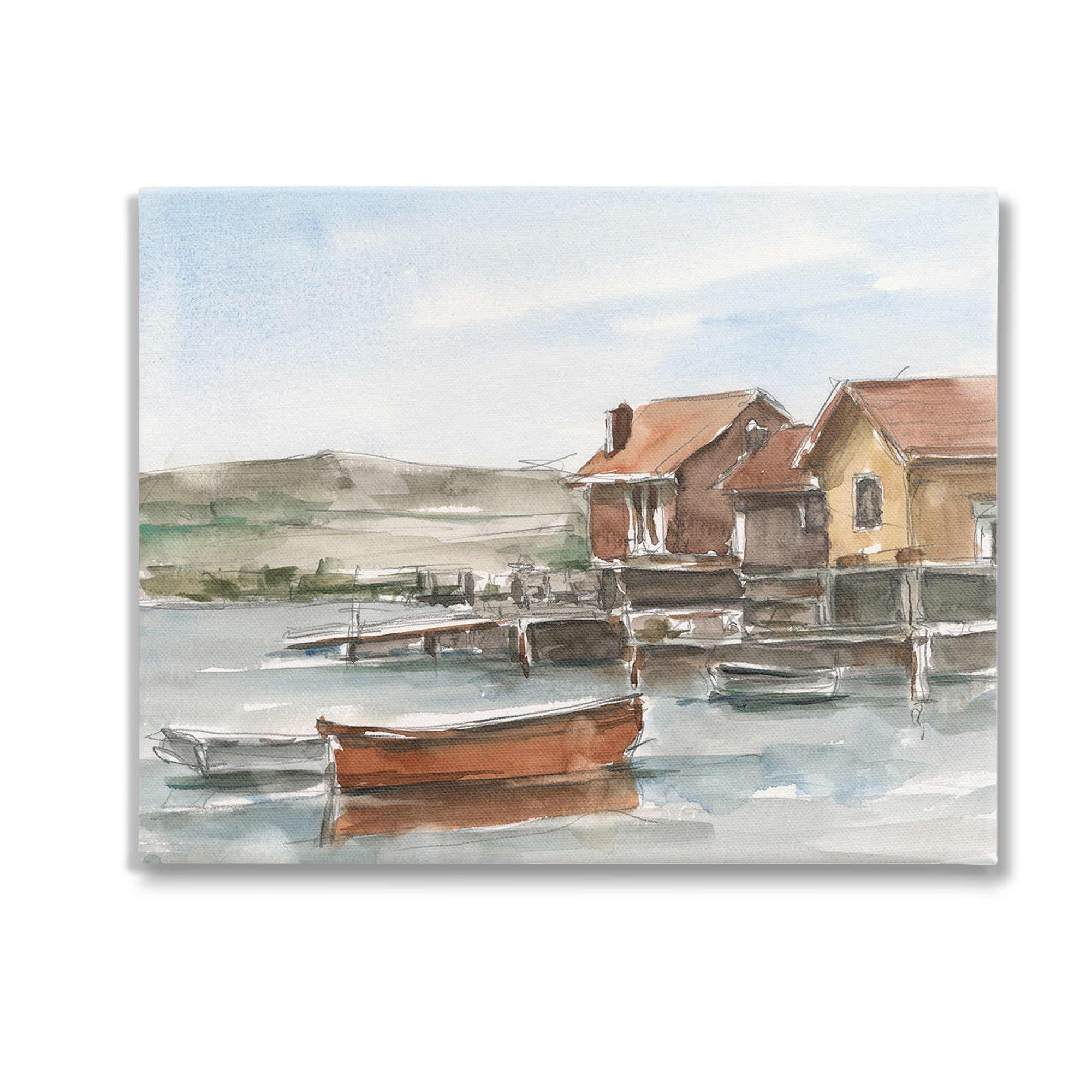 Stupell Industries Lake House Boats Landscape Painting Gallery Wrapped Canvas Art Print Wall Art, 20 x 16