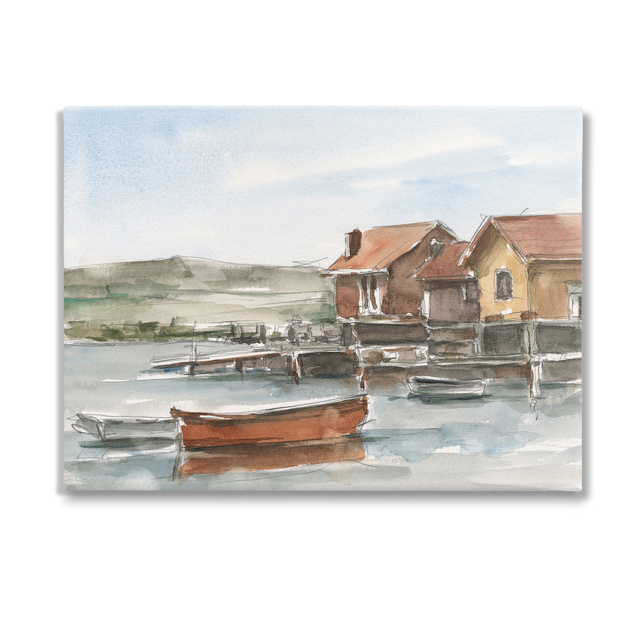 Stupell Industries Lake House Boats Landscape Painting Gallery Wrapped Canvas Art Print Wall Art, 40 x 30