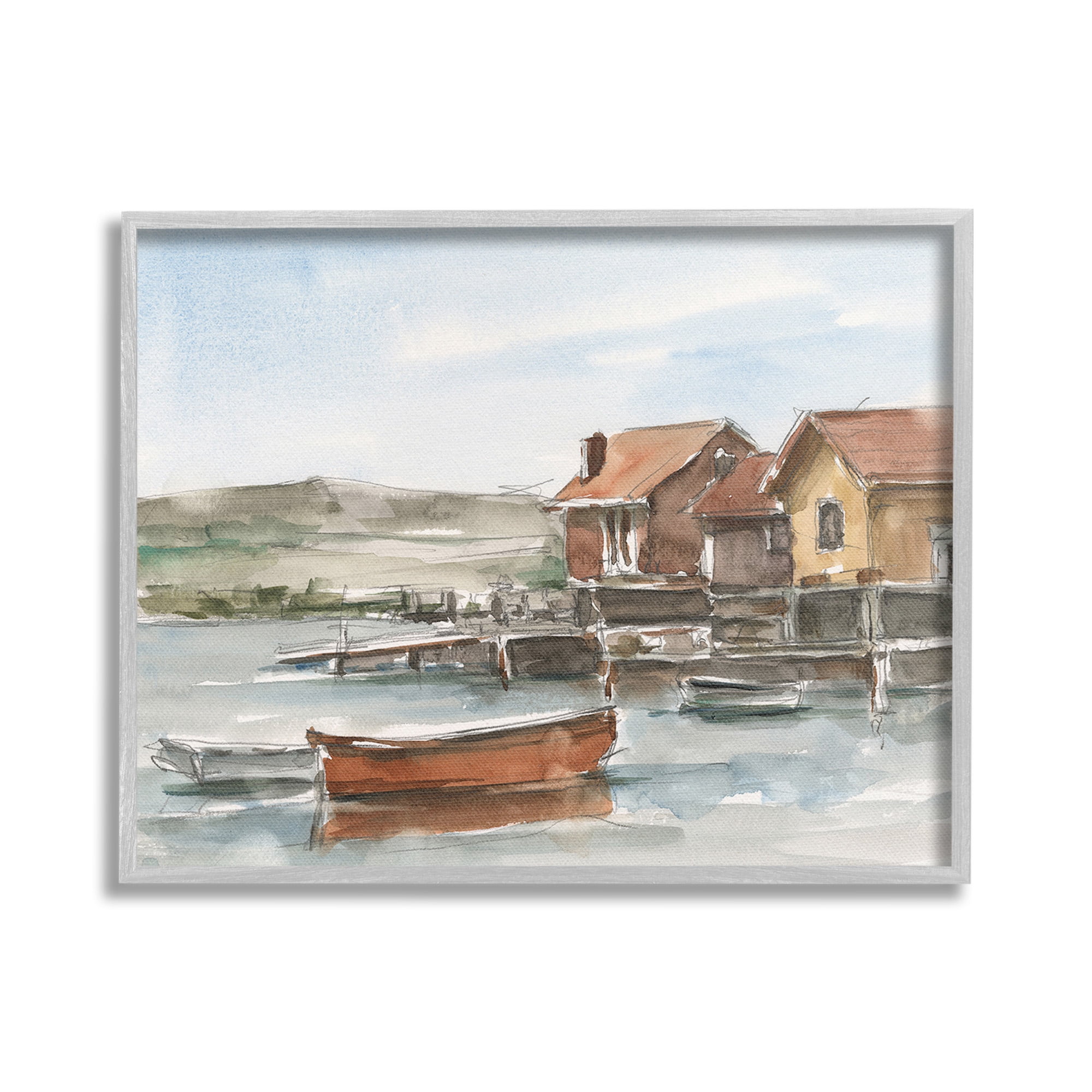 Stupell Industries Lake House Boats Landscape Painting Gray Framed Art Print Wall Art, 20 x 16