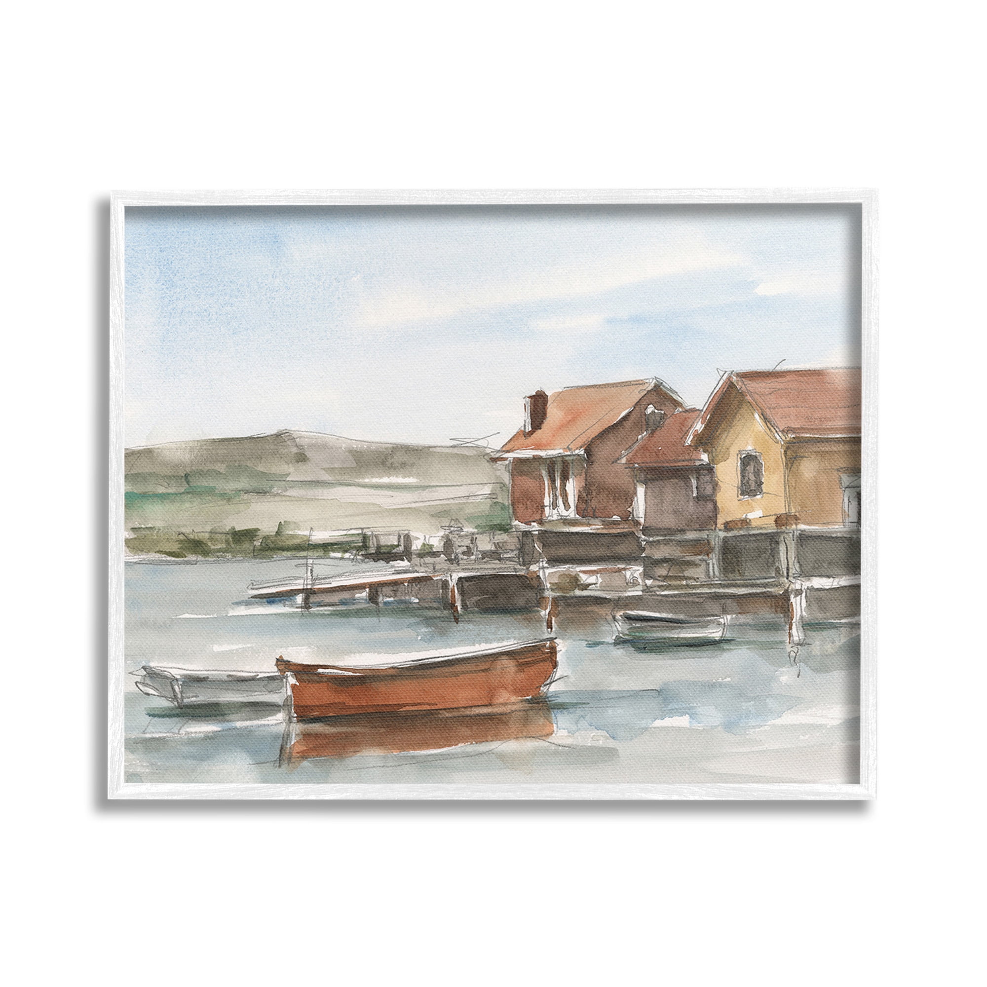 Stupell Industries Lake House Boats Landscape Painting White Framed Art Print Wall Art, 30 x 24