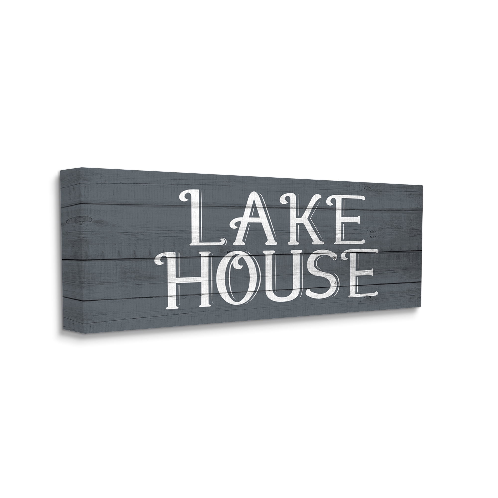 Stupell Industries Lake House Sign Blue White Planked Look Nature Painting Gallery Wrapped Canvas Art Print Wall Art, 17 x 40