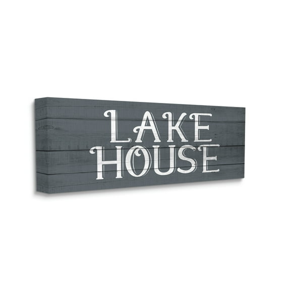 Stupell Industries Lake House Sign Blue White Planked Look Nature Painting Gallery Wrapped Canvas Art Print Wall Art, 20 x 48