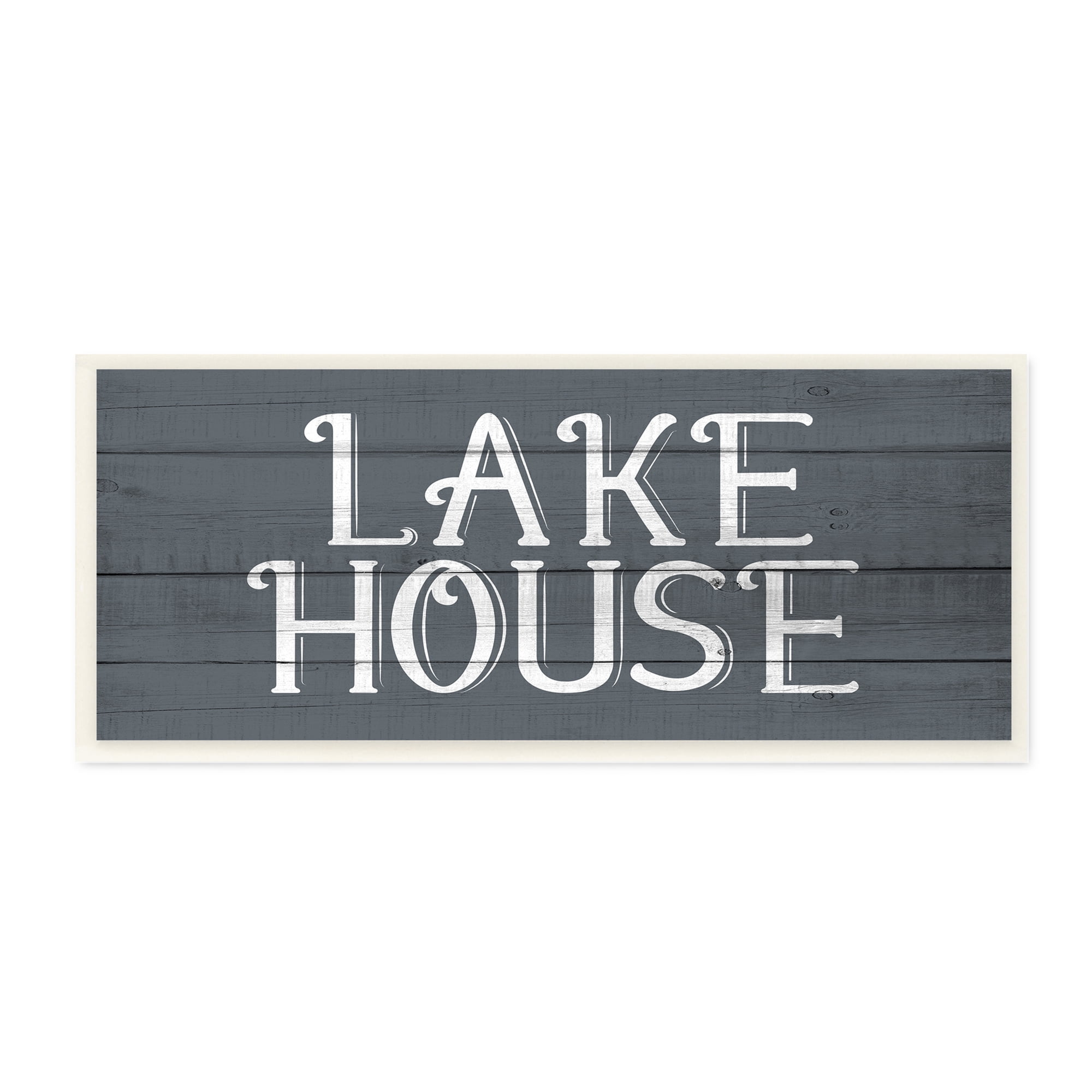 Stupell Industries Lake House Sign Blue White Planked Look Nature Painting Unframed Art Print Wall Art, 7 x 17