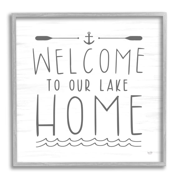 Stupell Industries Lake House Welcome Phrase Nature Painting Gray Framed Art Print Wall Art, 12 x 12