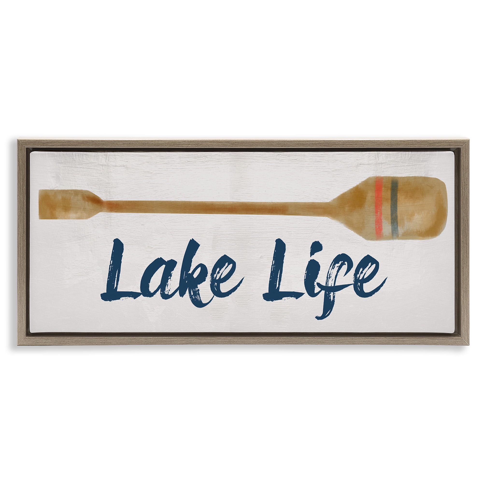 Stupell Industries Lake Life Boat Oar Inspirational Painting Brown Floater Framed Canvas Art Print Wall Art, 25 x 11