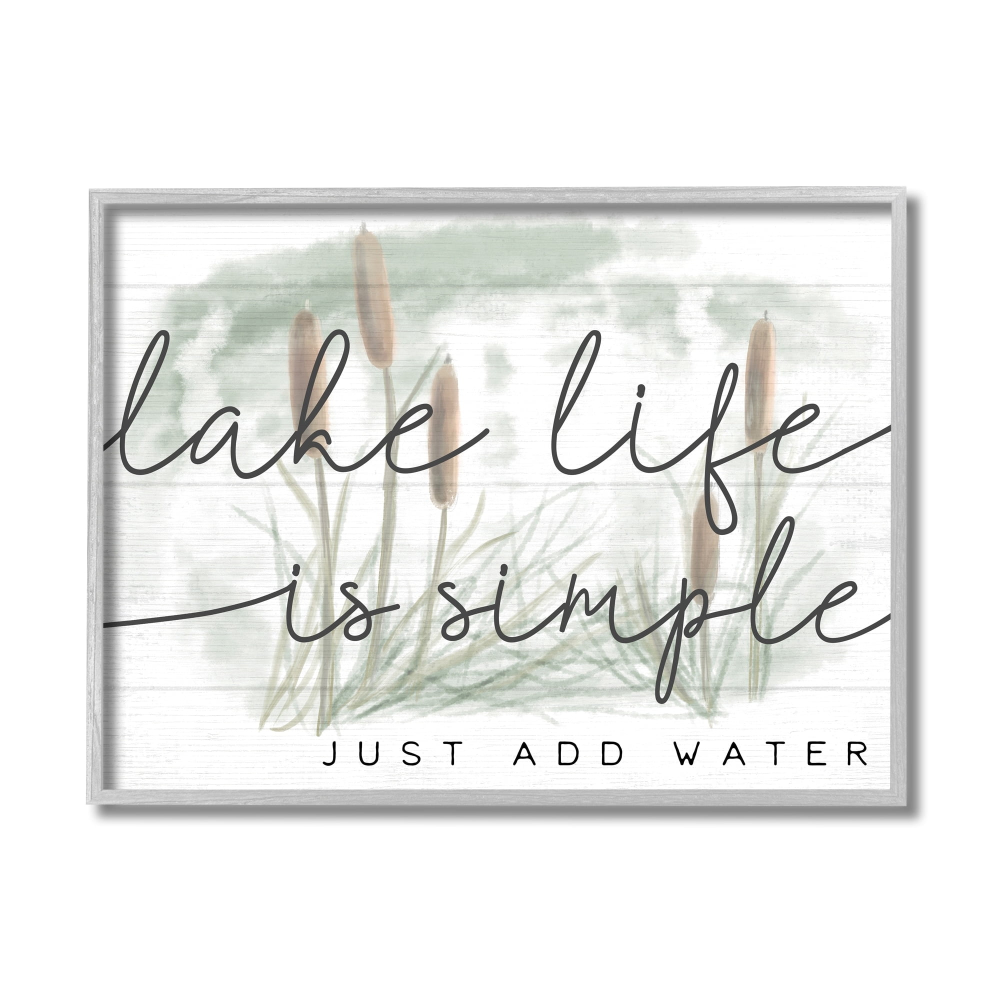 Stupell Industries Lake Life Simplicity Phrase Cattail Water Plants Inspirational Painting Gray Framed Art Print Wall Art, 16 x 20