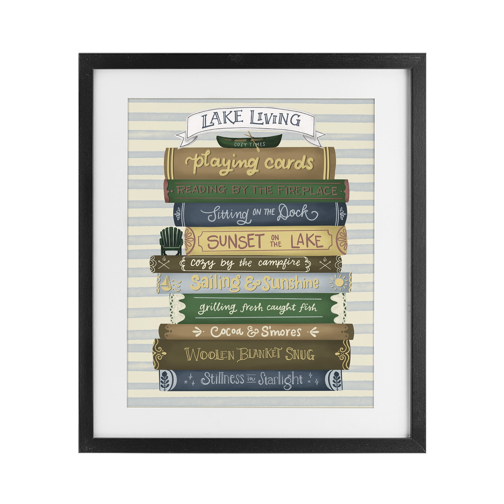 Stupell Industries Lake Living Book Stack Black Framed Print Under Glass, design by Giao Williams