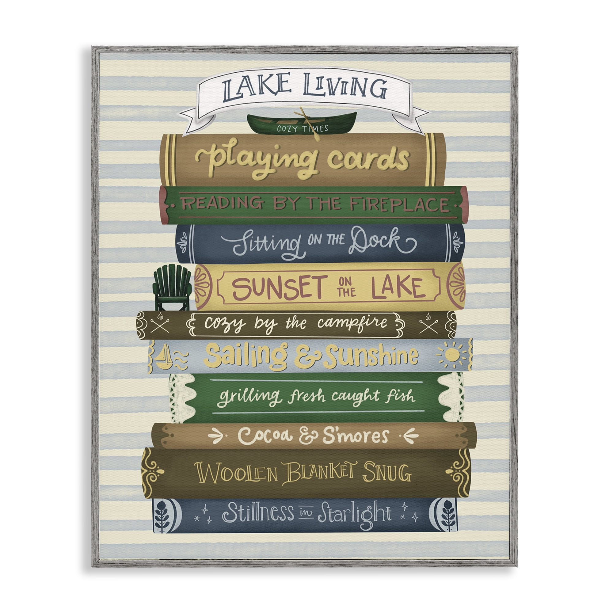 Stupell Industries Lake Living Book Stack Gray Framed Giclee Art, design by Giao Williams