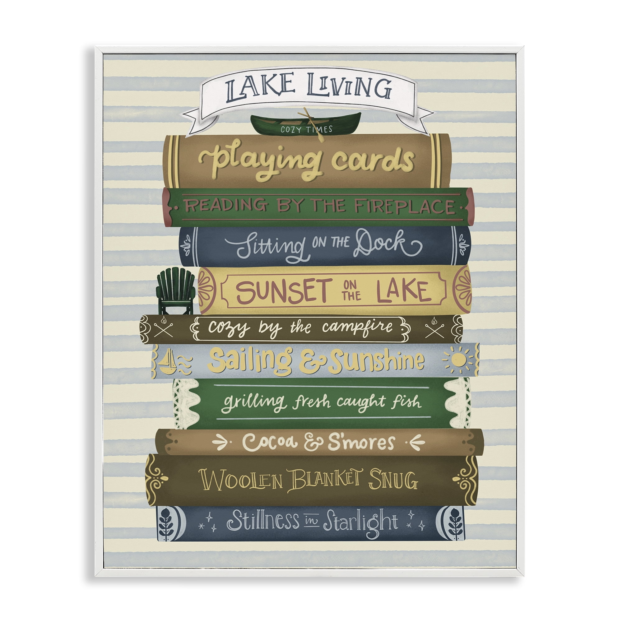 Stupell Industries Lake Living Book Stack White Framed Giclee Art, design by Giao Williams