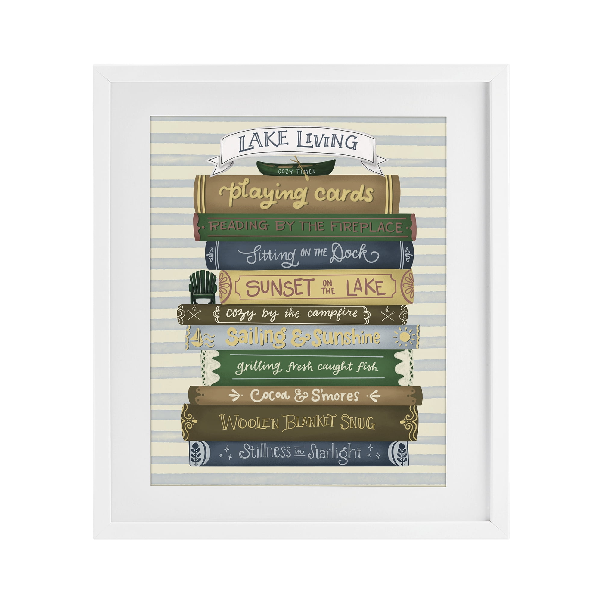 Stupell Industries Lake Living Book Stack White Framed Print Under Glass, design by Giao Williams