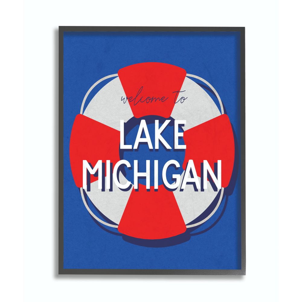 Stupell Industries Lake Michigan Beach Coast Ocean Blue Red Word Design Framed Giclee Texturized Art by Daphne Polselli