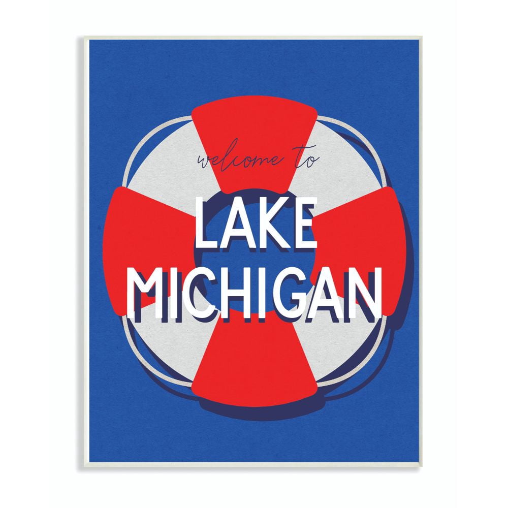 Stupell Industries Lake Michigan Beach Coast Ocean Blue Red Word Design Wall Plaque Art by Daphne Polselli