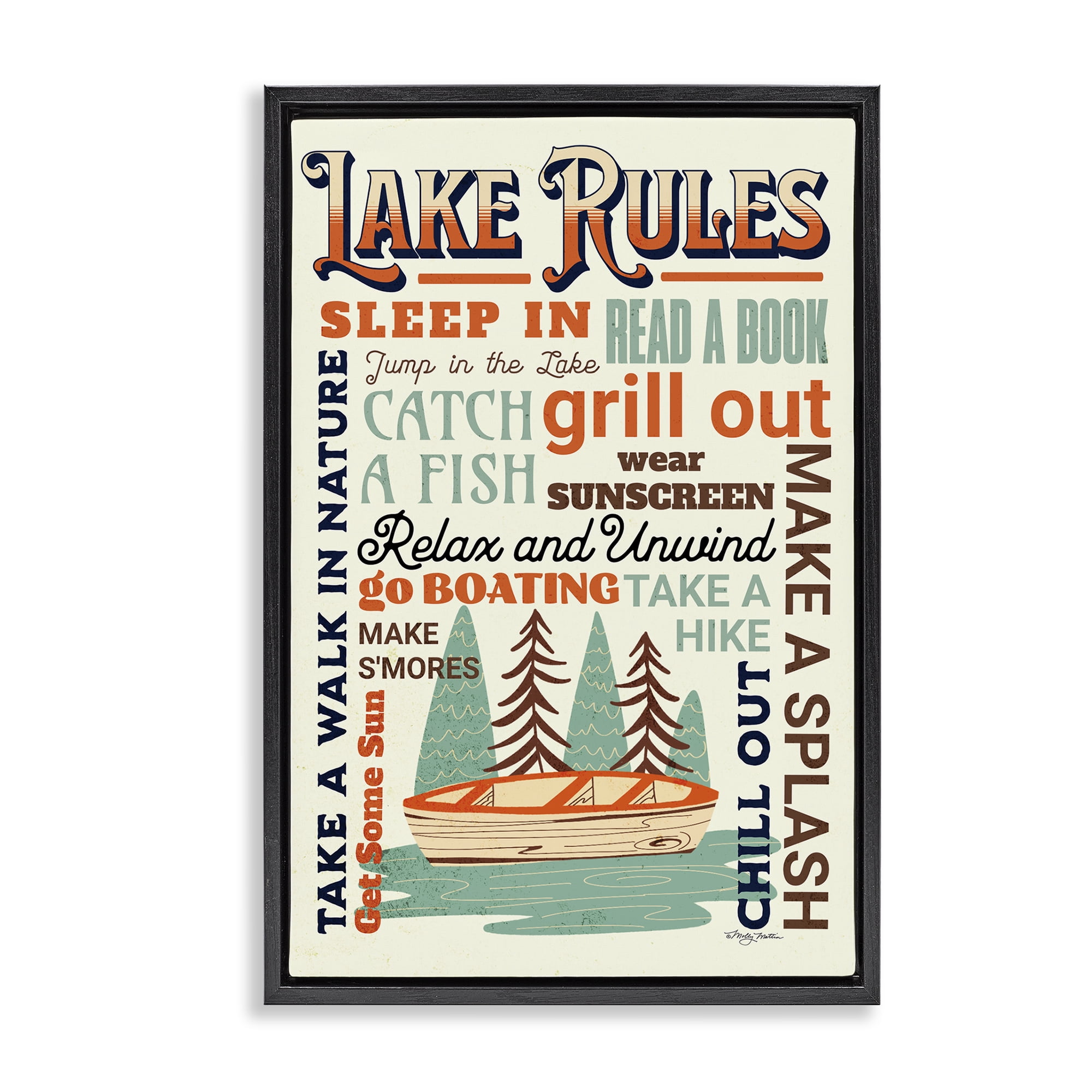 Stupell Industries Lake Rules Fun Activities Text & Numbers Painting Black Floater Framed Canvas Art Print Wall Art, 21 x 31