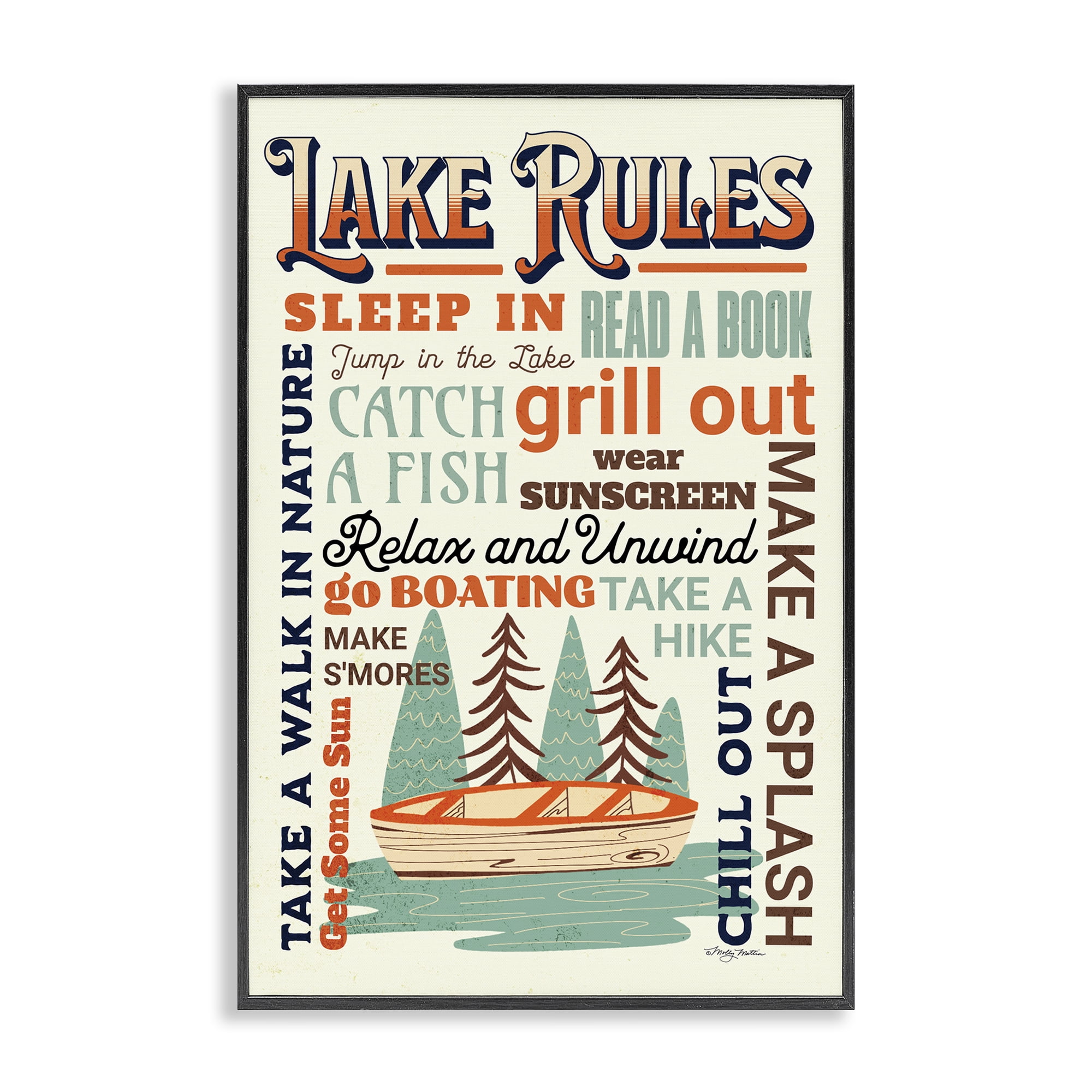 Stupell Industries Lake Rules Fun Activities Text & Numbers Painting Black Framed Art Print Wall Art, 12 x 18