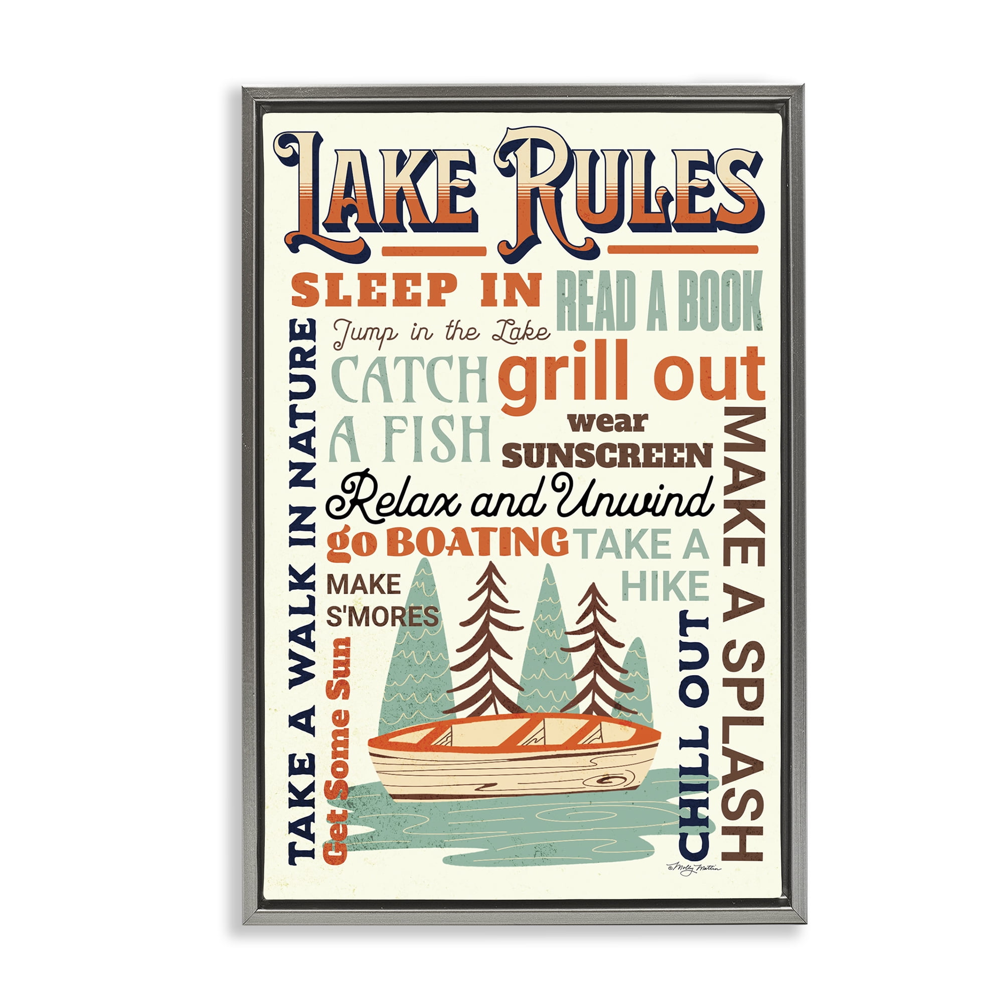 Stupell Industries Lake Rules Fun Activities Text & Numbers Painting Gray Floater Framed Canvas Art Print Wall Art, 17 x 25