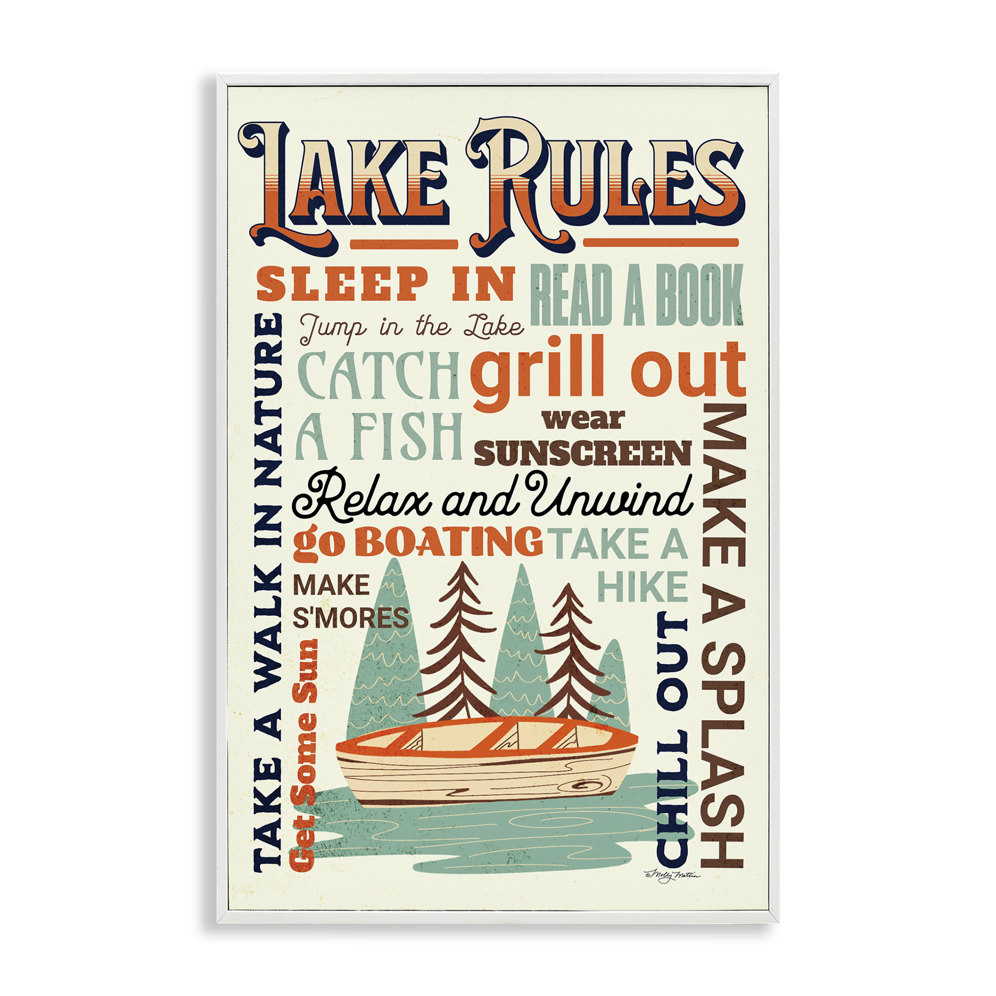 Stupell Industries Lake Rules Fun Activities Text & Numbers Painting White Framed Art Print Wall Art, 12 x 18