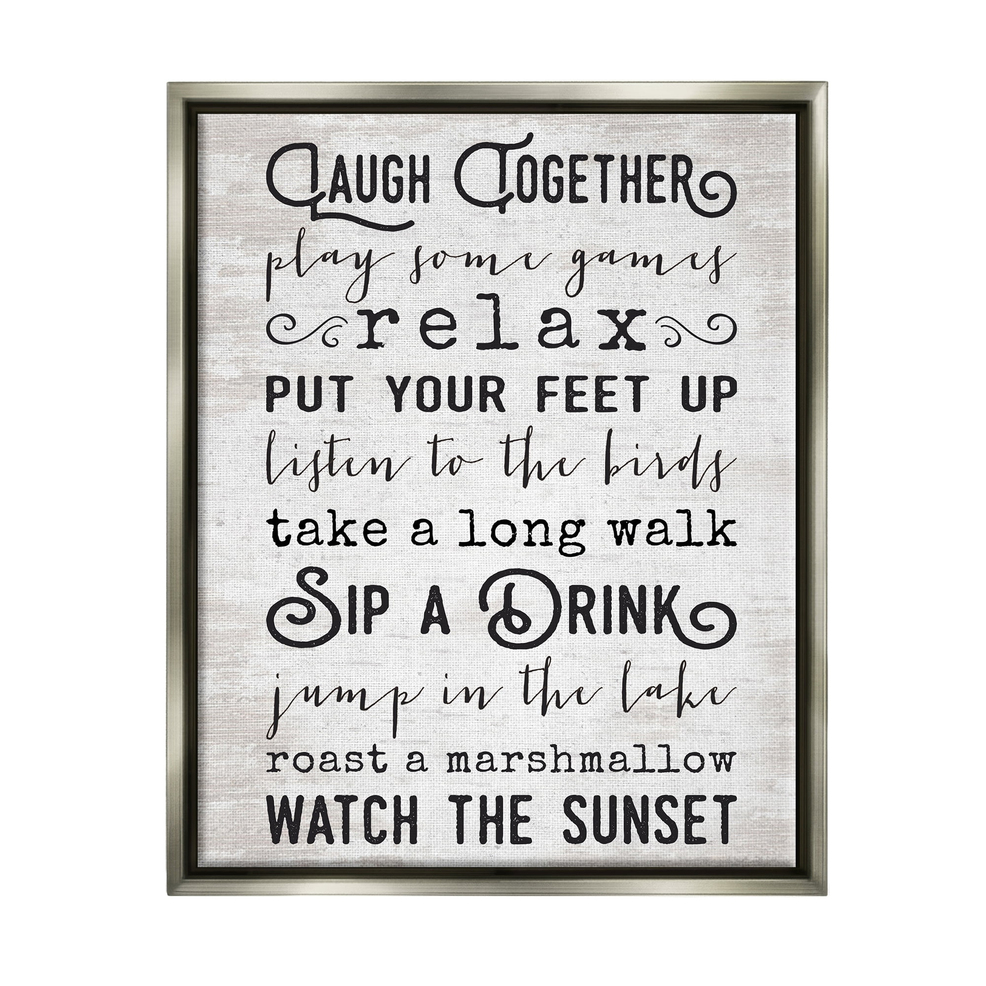 Stupell Industries Lake Rules Relaxing List Rustic Weathered Pattern Graphic Art Luster Gray Floating Framed Canvas Print Wall Art, Design by Lettered and Lined