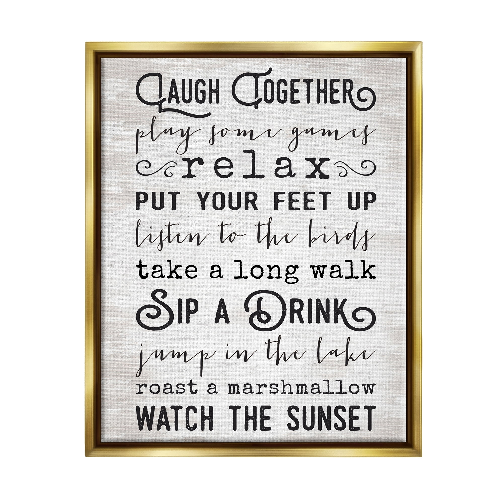 Stupell Industries Lake Rules Relaxing List Rustic Weathered Pattern Graphic Art Metallic Gold Floating Framed Canvas Print Wall Art, Design by Lettered and Lined
