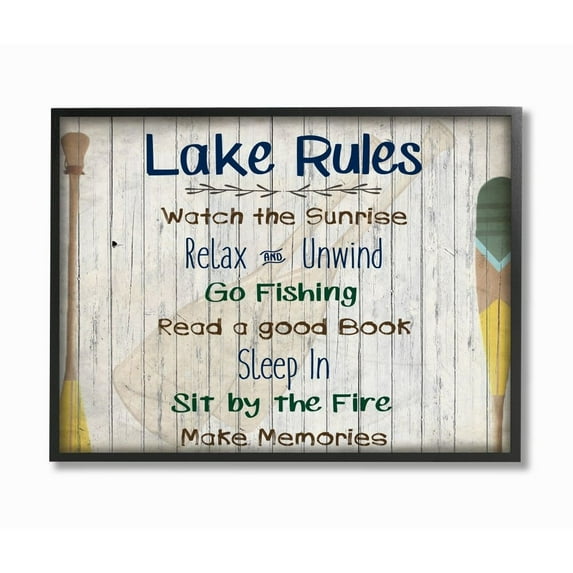 Stupell Industries Lake Rules Text Lakehouse Forest Outdoor Activity List Framed Wall Art Design by Kim Allen, 11" x 14", Gray Framed