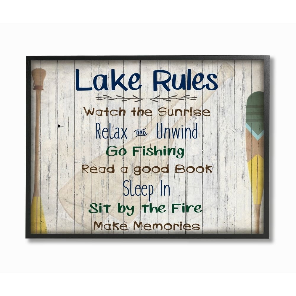 Stupell Industries Lake Rules Text Lakehouse Forest Outdoor Activity List Framed Wall Art Design by Kim Allen, 16" x 20", Black Framed