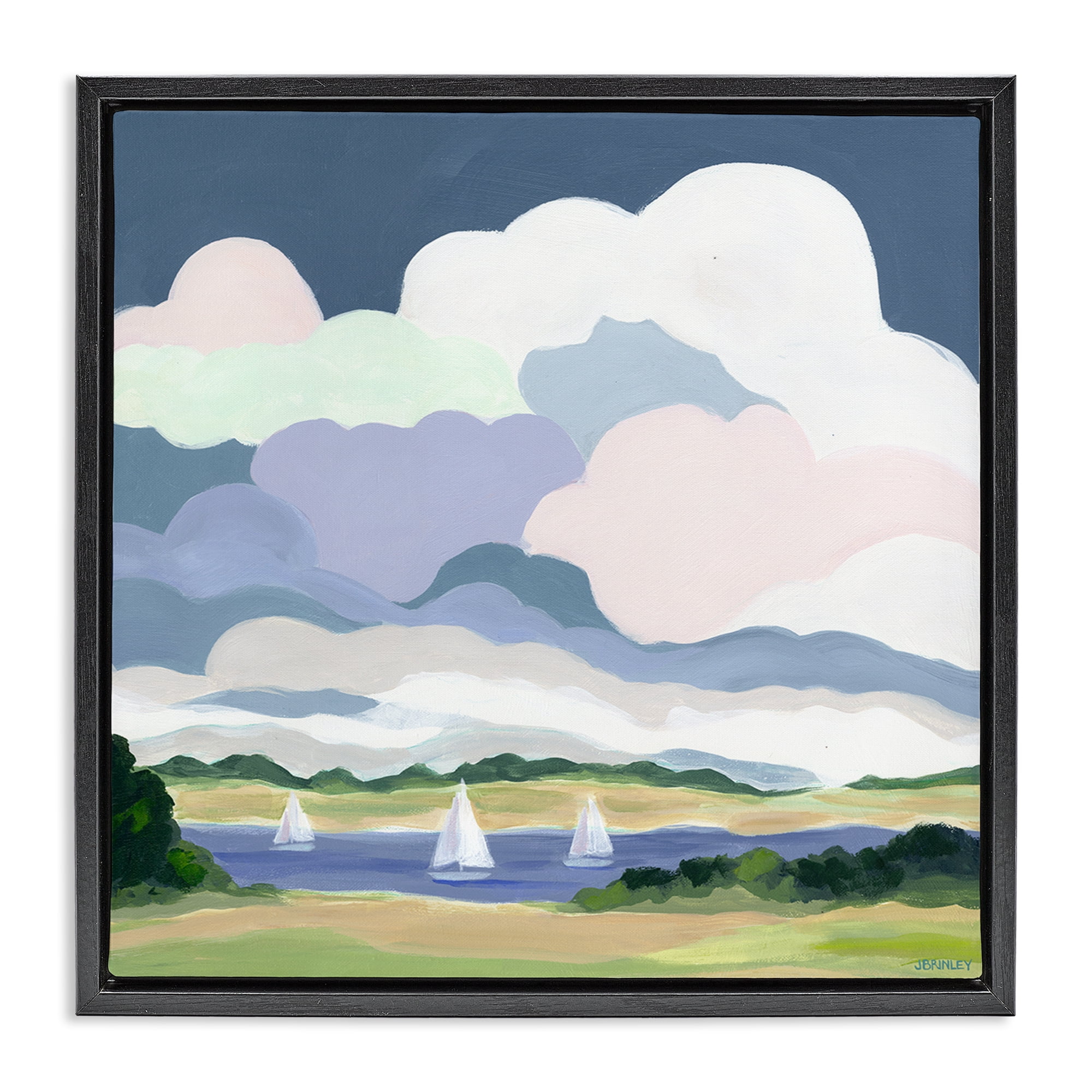 Stupell Industries Lake Sailboats with Clouds Landscape & Nature Painting Black Floater Framed Canvas Art Print Wall Art, 25 x 25