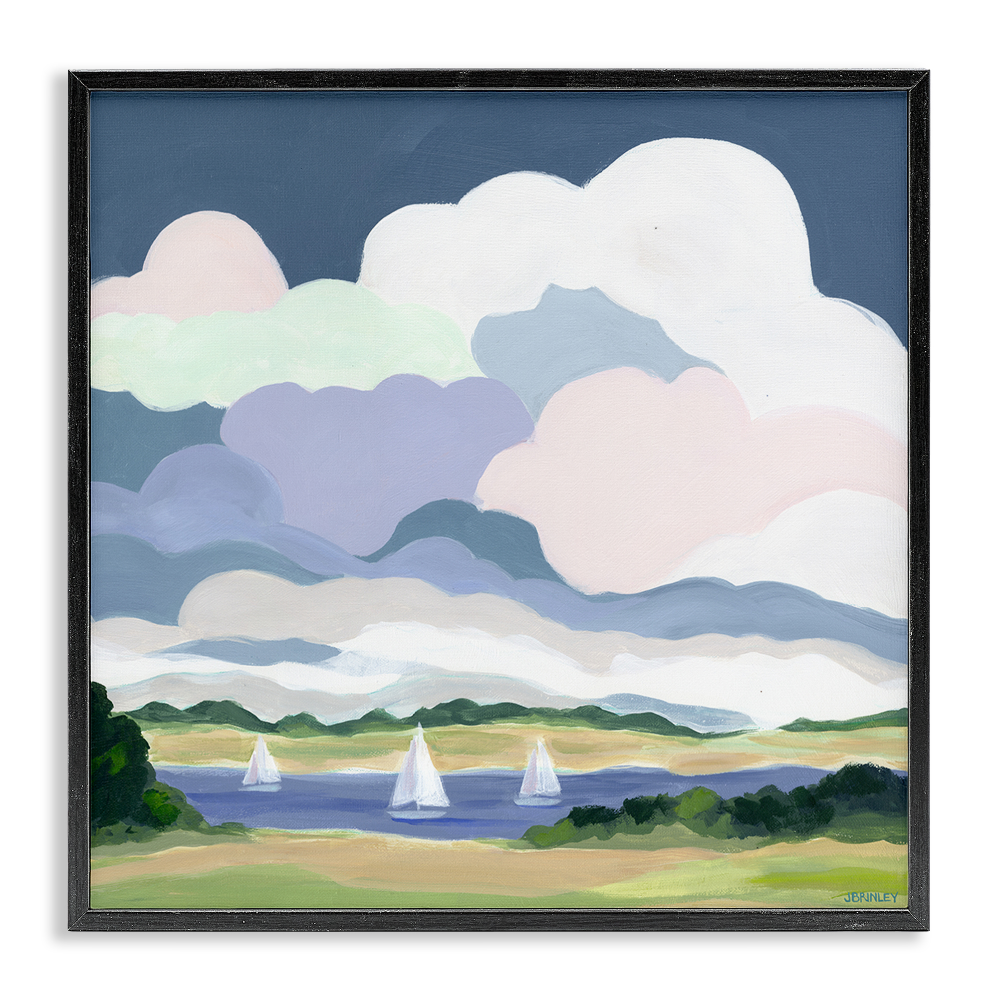 Stupell Industries Lake Sailboats with Clouds Landscape & Nature Painting Black Framed Art Print Wall Art, 17 x 17