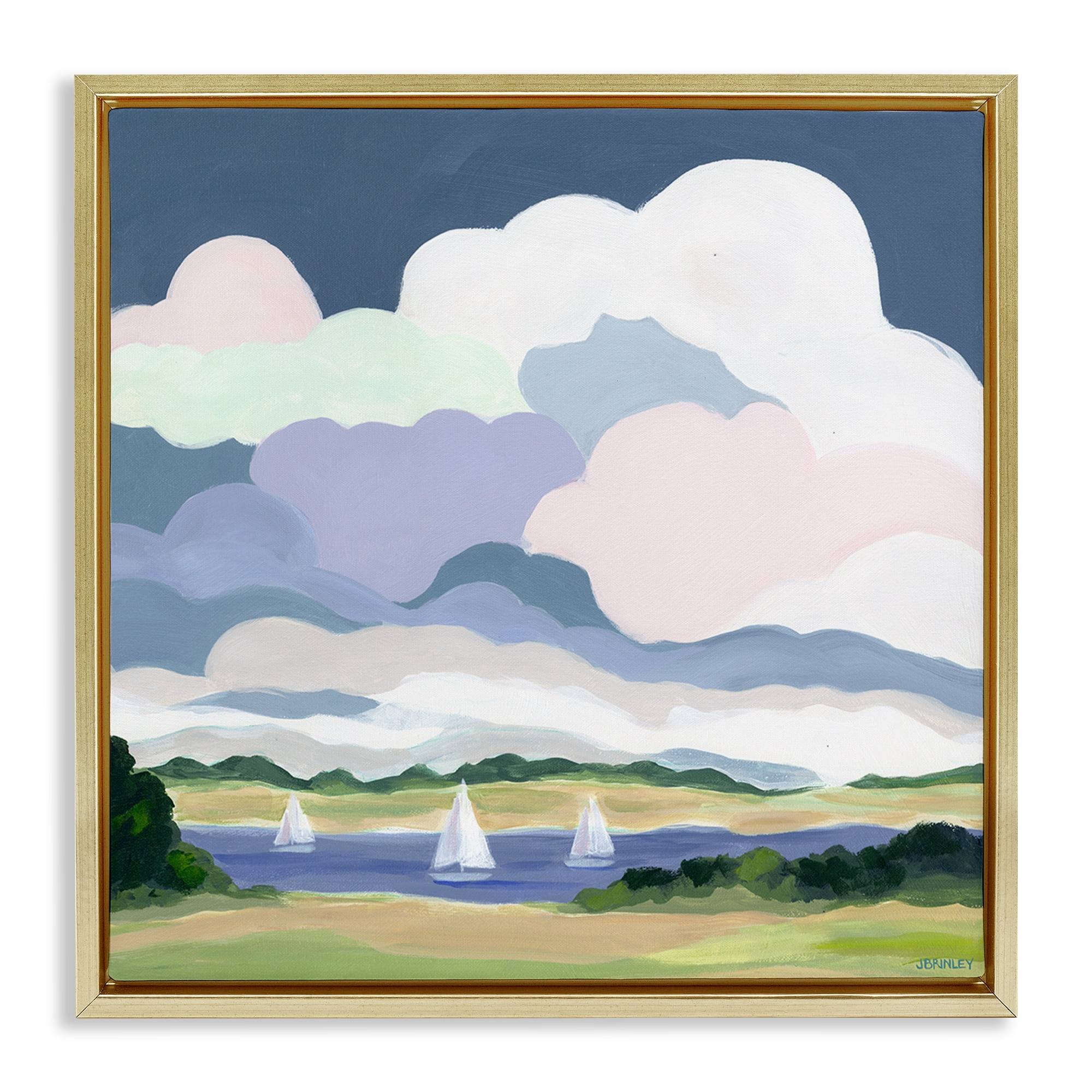 Stupell Industries Lake Sailboats with Clouds Landscape & Nature Painting Gold Floater Framed Canvas Art Print Wall Art, 25 x 25