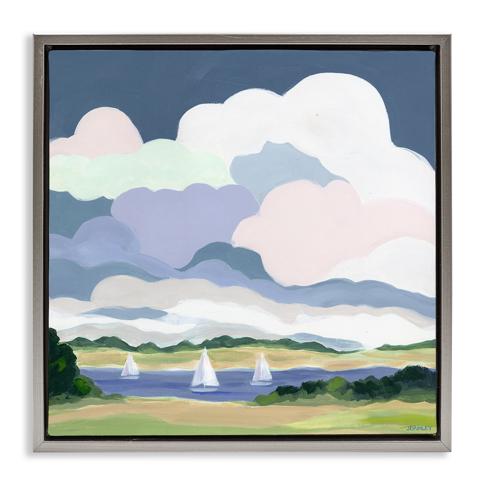 Stupell Industries Lake Sailboats with Clouds Landscape & Nature Painting Gray Floater Framed Canvas Art Print Wall Art, 25 x 25