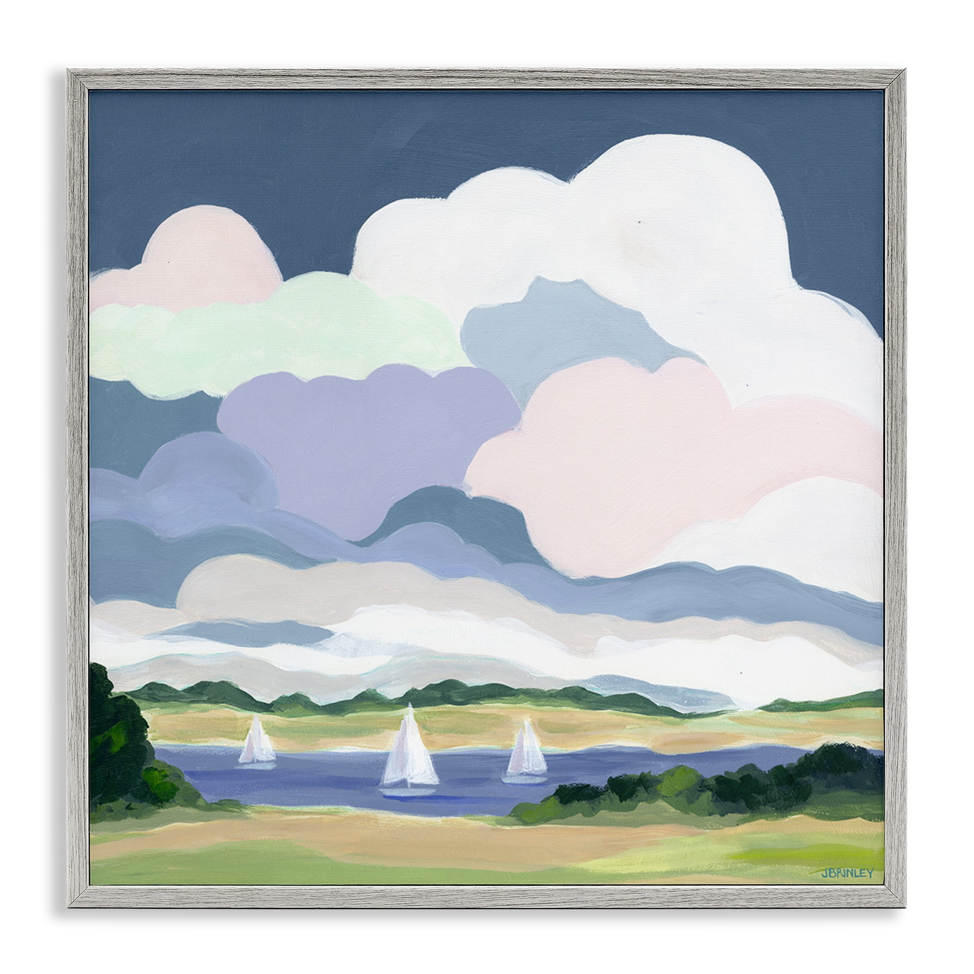 Stupell Industries Lake Sailboats with Clouds Landscape & Nature Painting Gray Framed Art Print Wall Art, 17 x 17