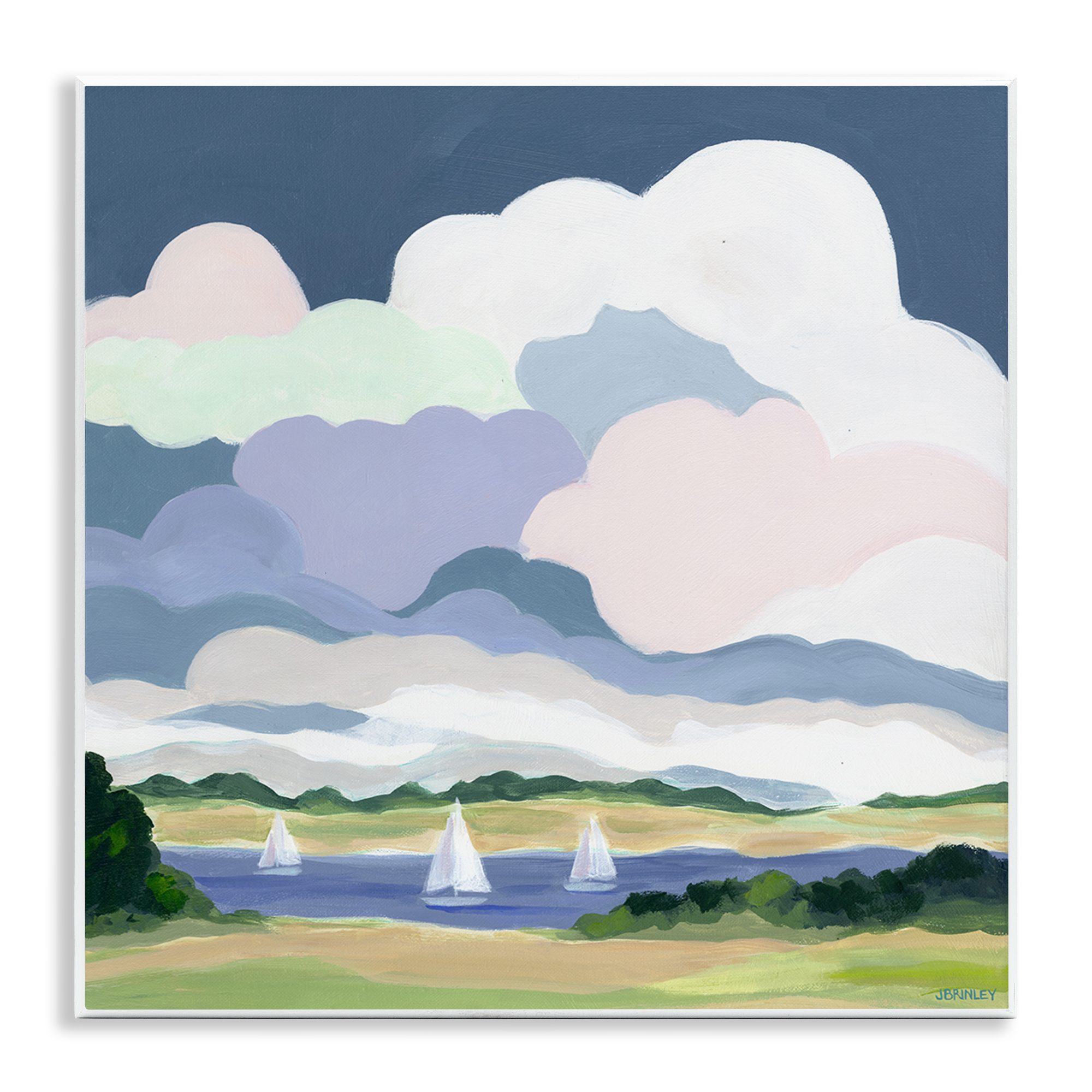Stupell Industries Lake Sailboats with Clouds Landscape & Nature Painting Unframed Art Print Wall Art, 12 x 12