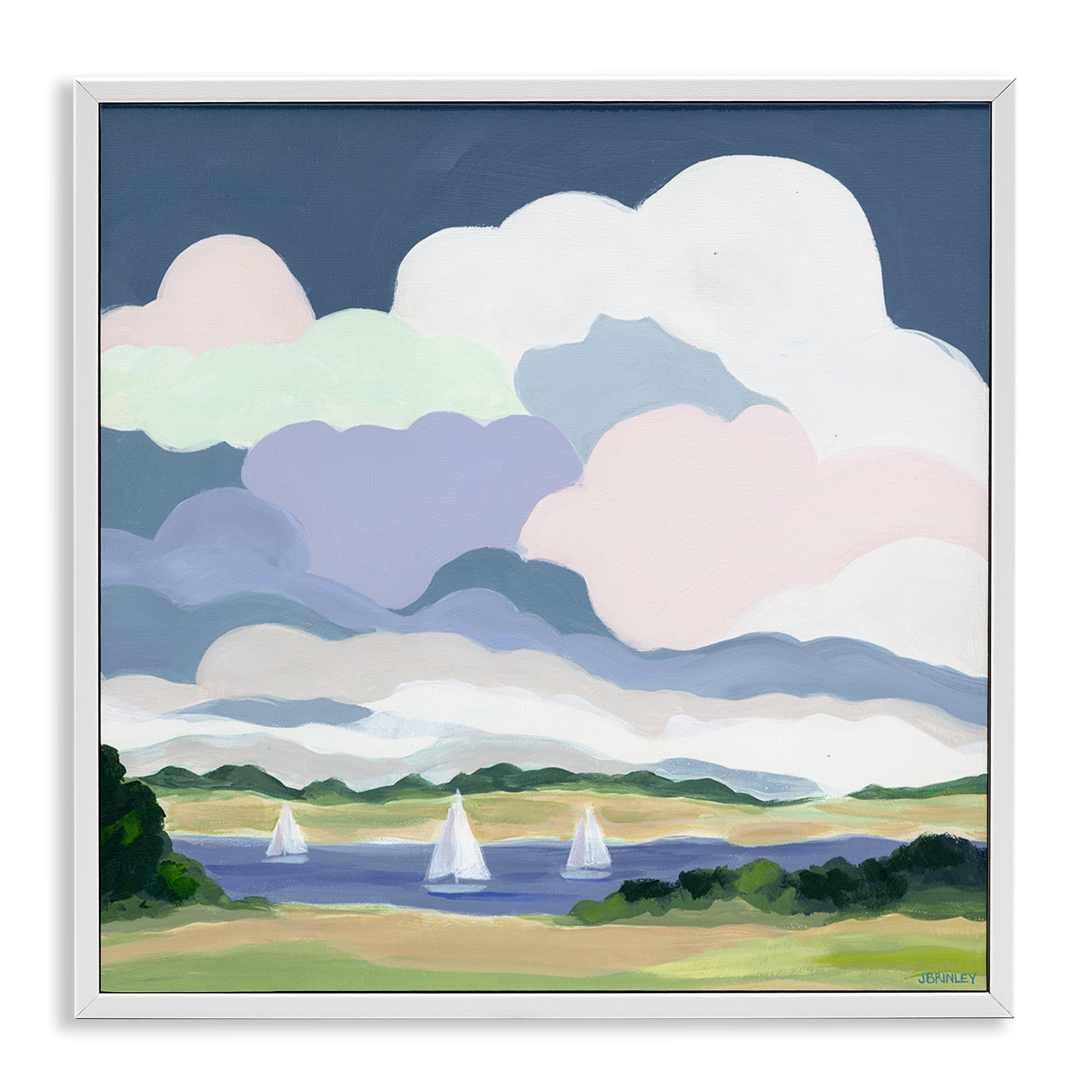 Stupell Industries Lake Sailboats with Clouds Landscape & Nature Painting White Framed Art Print Wall Art, 24 x 24
